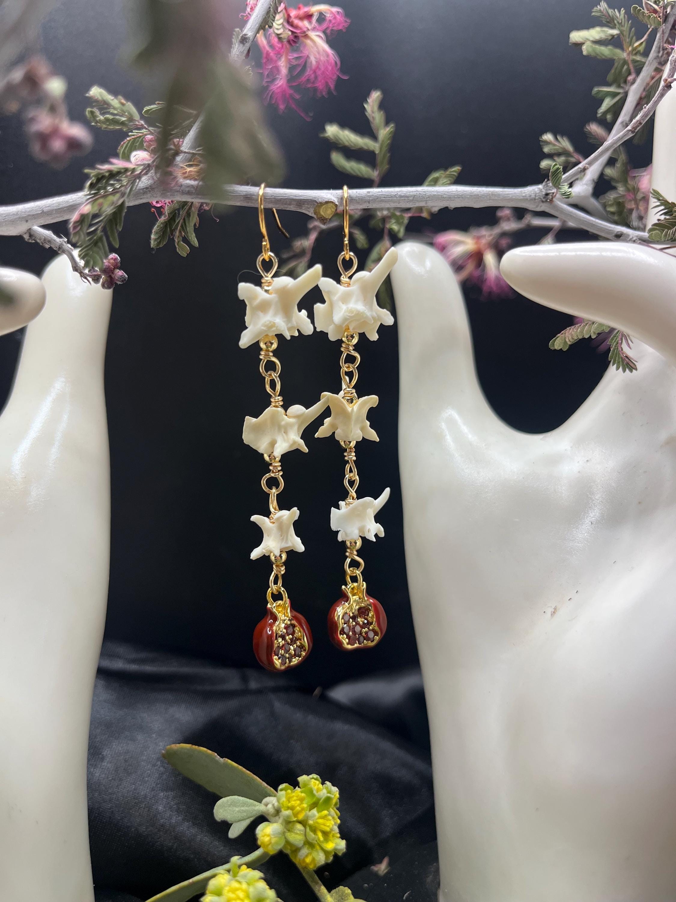 Garden of Eden Rattlesnake Vertebrae & Pomegranate Earrings, 3”