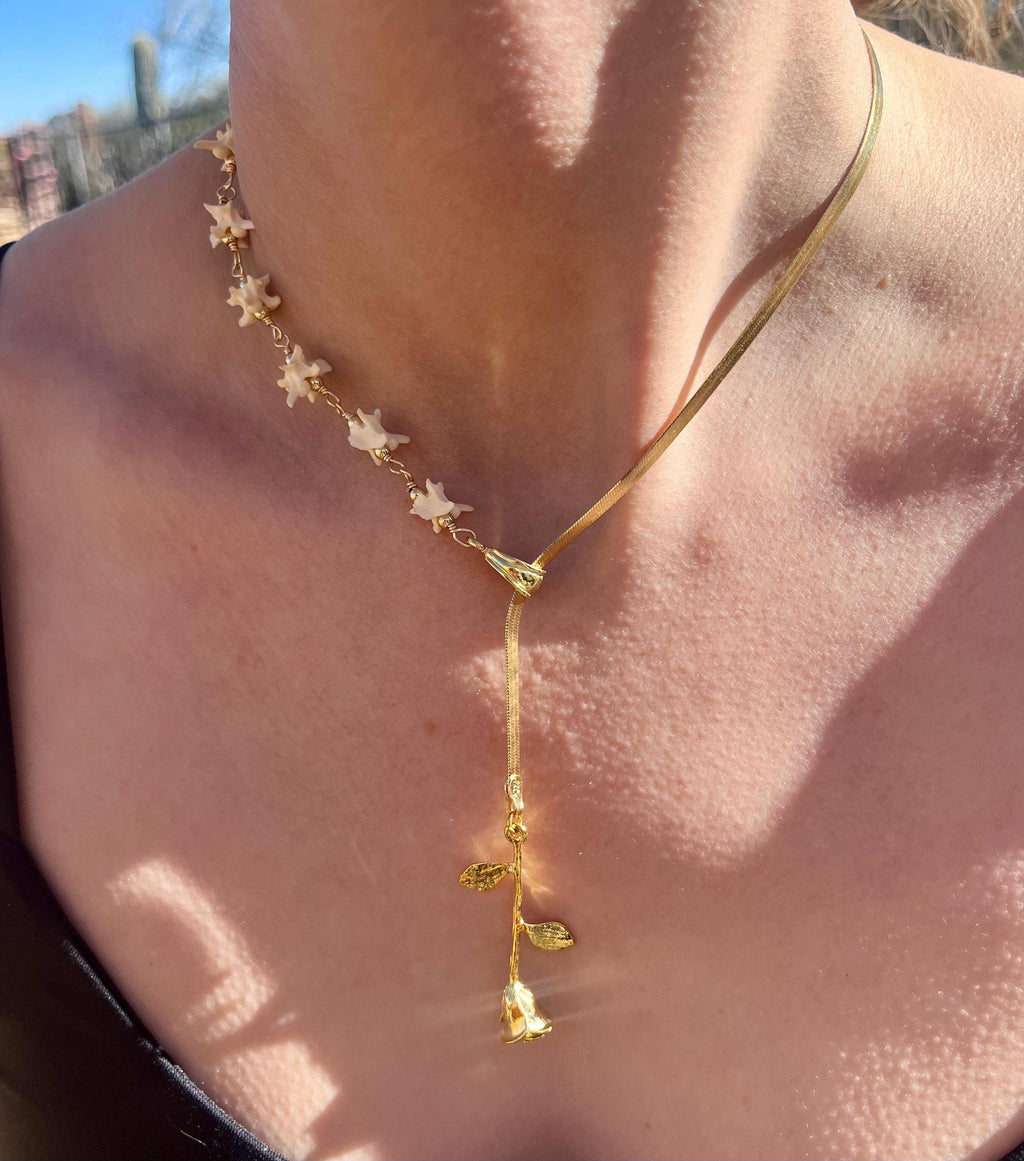 Rose Bone Lariat Necklace | Gold Plated Sterling Herringbone Chain | Rattlesnake Vertebrae | 19”