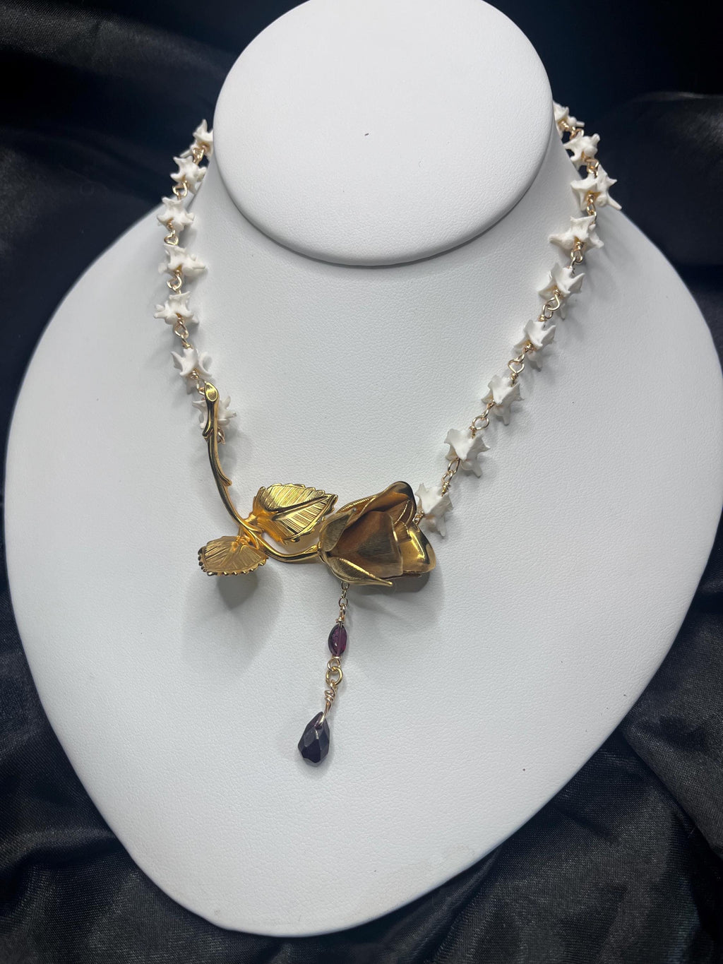 Antique Gold Plated Brooch Necklace with Rattlesnake Vertebrae and Garnet, 14.5–16.5”