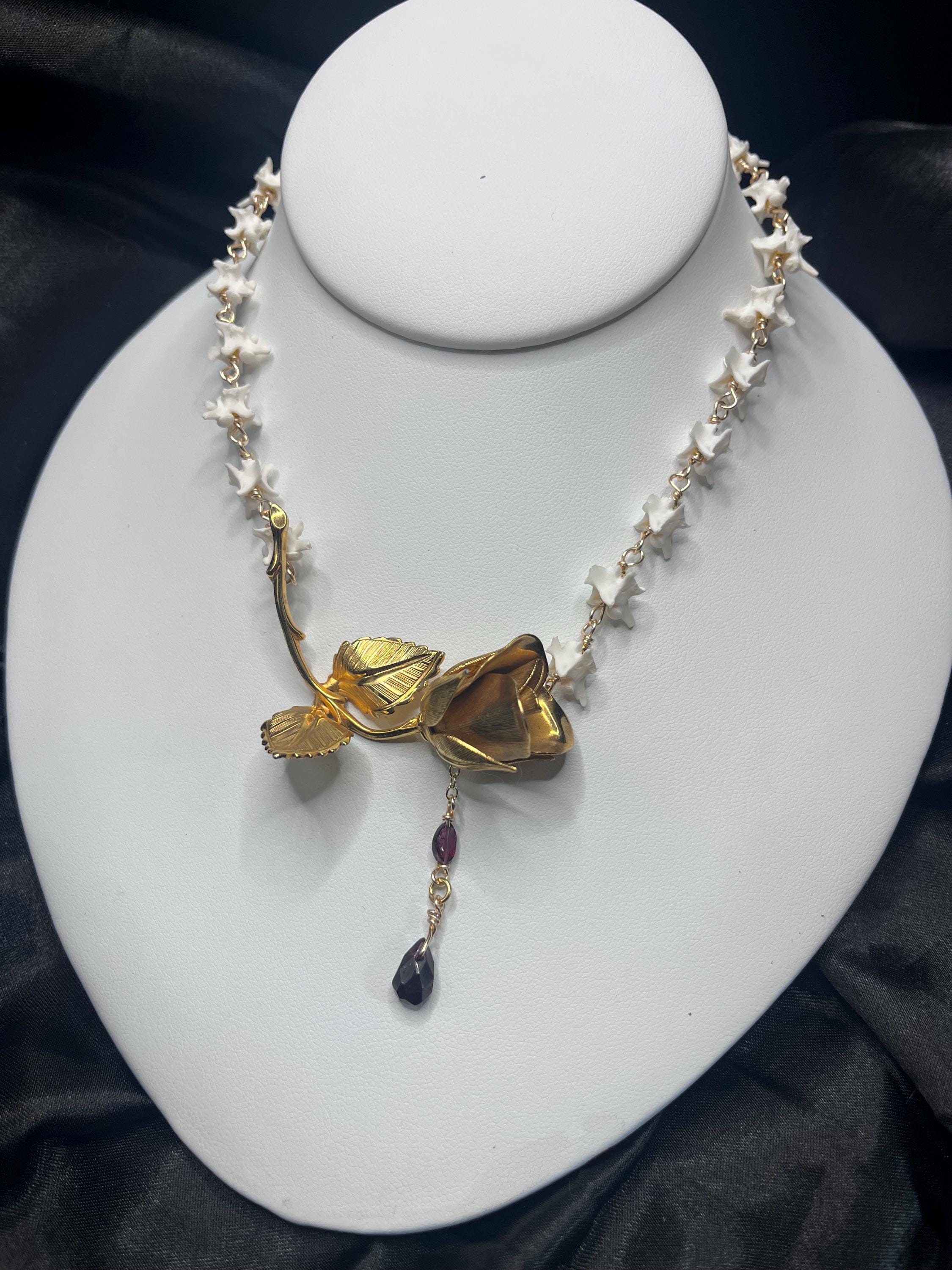 Antique Gold Plated Brooch Necklace with Rattlesnake Vertebrae and Garnet, 14.5–16.5”