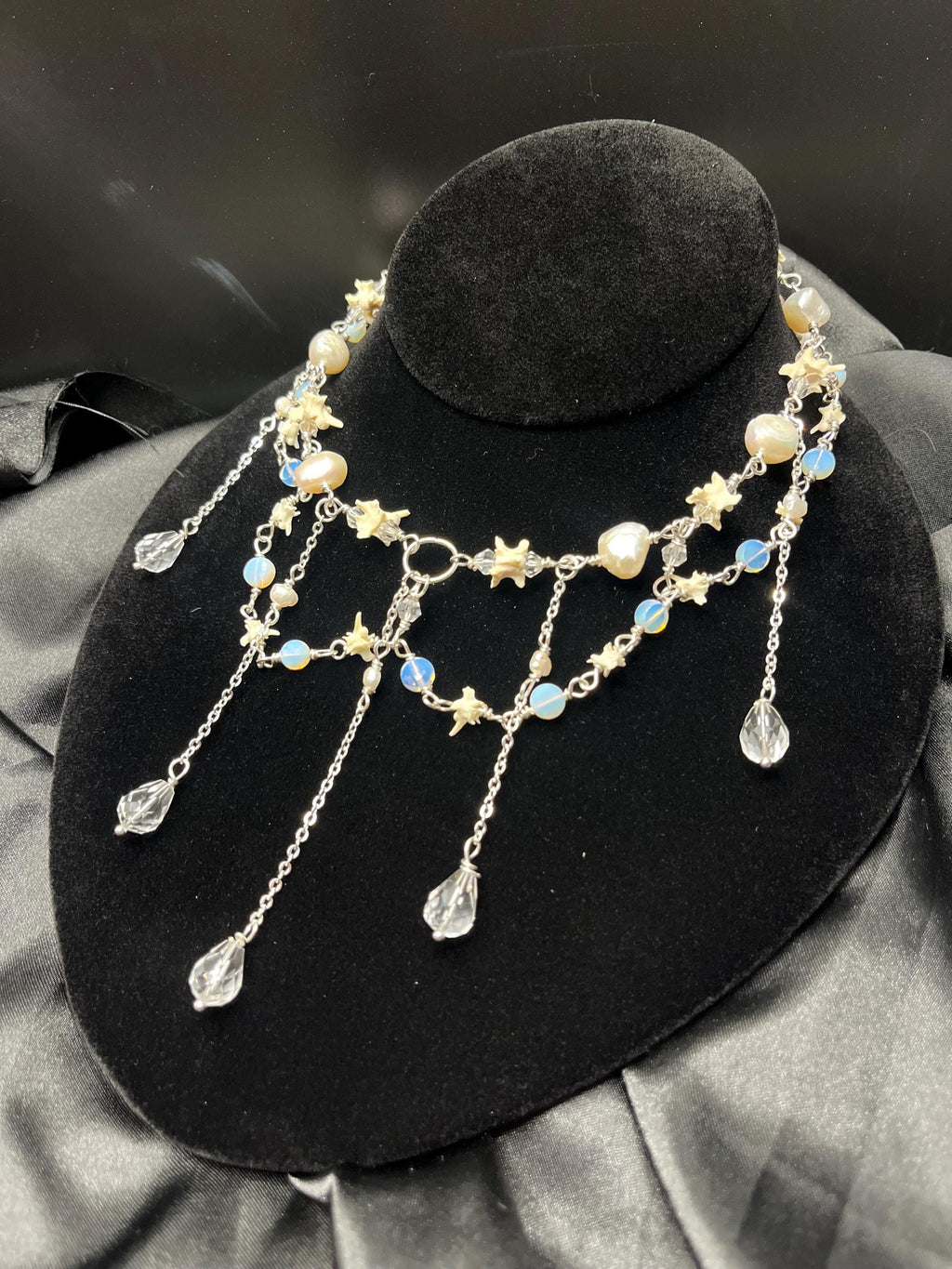 Opalite & Crystal Necklace – Freshwater Pearl, Rattlesnake Bone, Sterling Silver Draped Choker – 13–15”