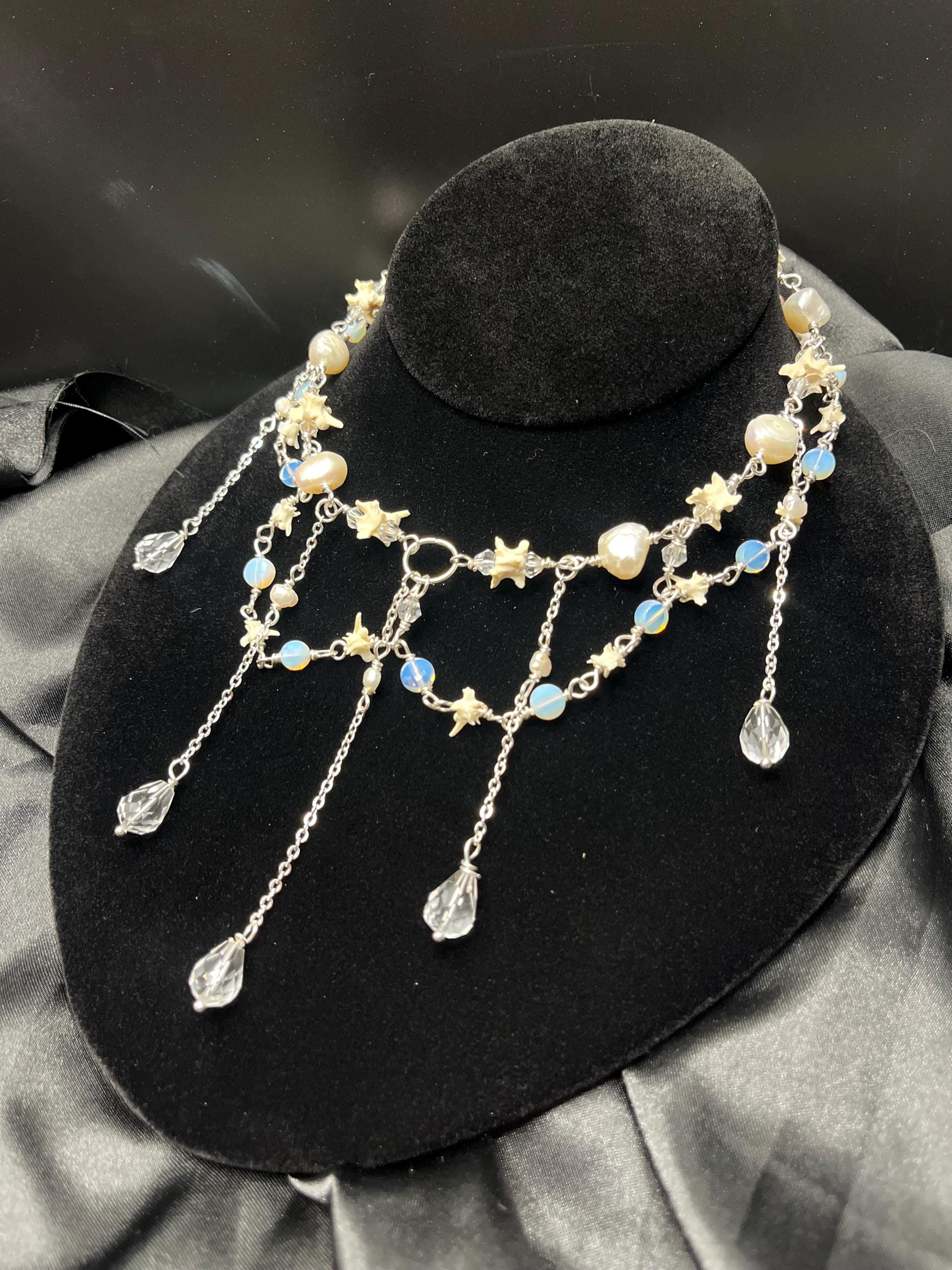 Opalite & Crystal Necklace – Freshwater Pearl, Rattlesnake Bone, Sterling Silver Draped Choker – 13–15”