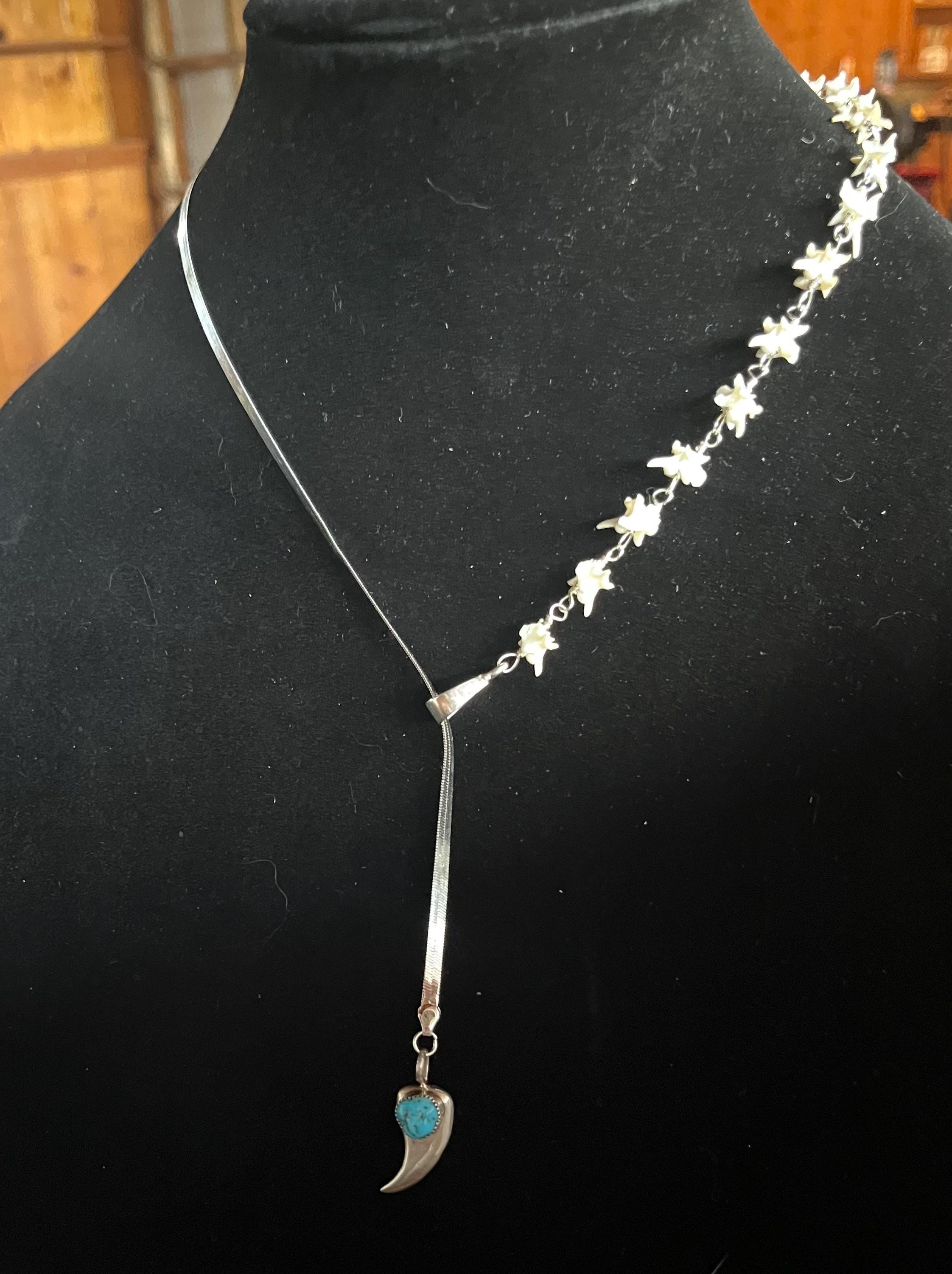 Sterling Turquoise Lariat Necklace | Herringbone Chain | Rattlesnake Vertebrae | 21.5”
