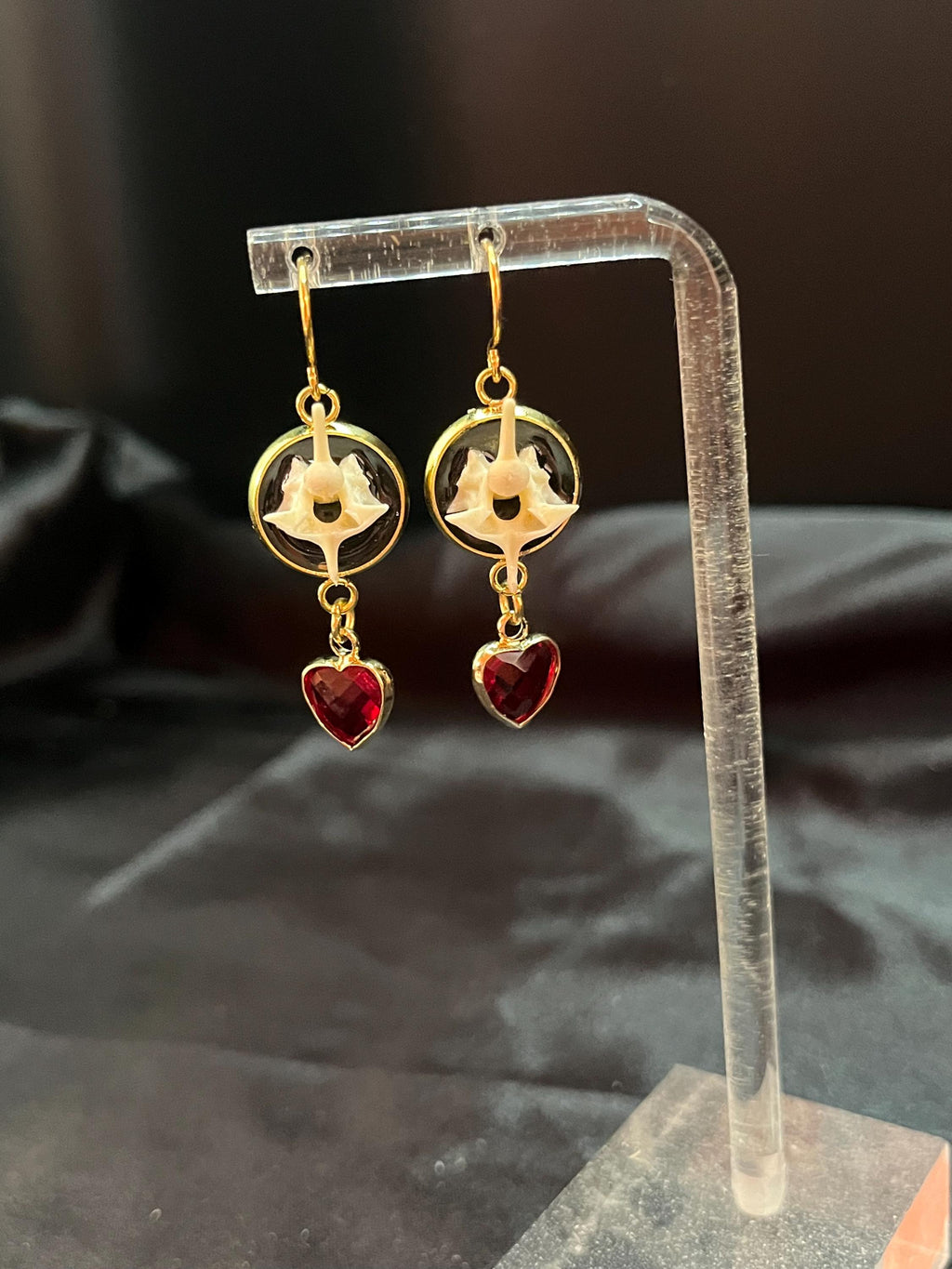 Enamel Snake Vertebrae Earrings | Gold Plated or Stainless Steel | Crystal Heart Drop | Hypoallergenic