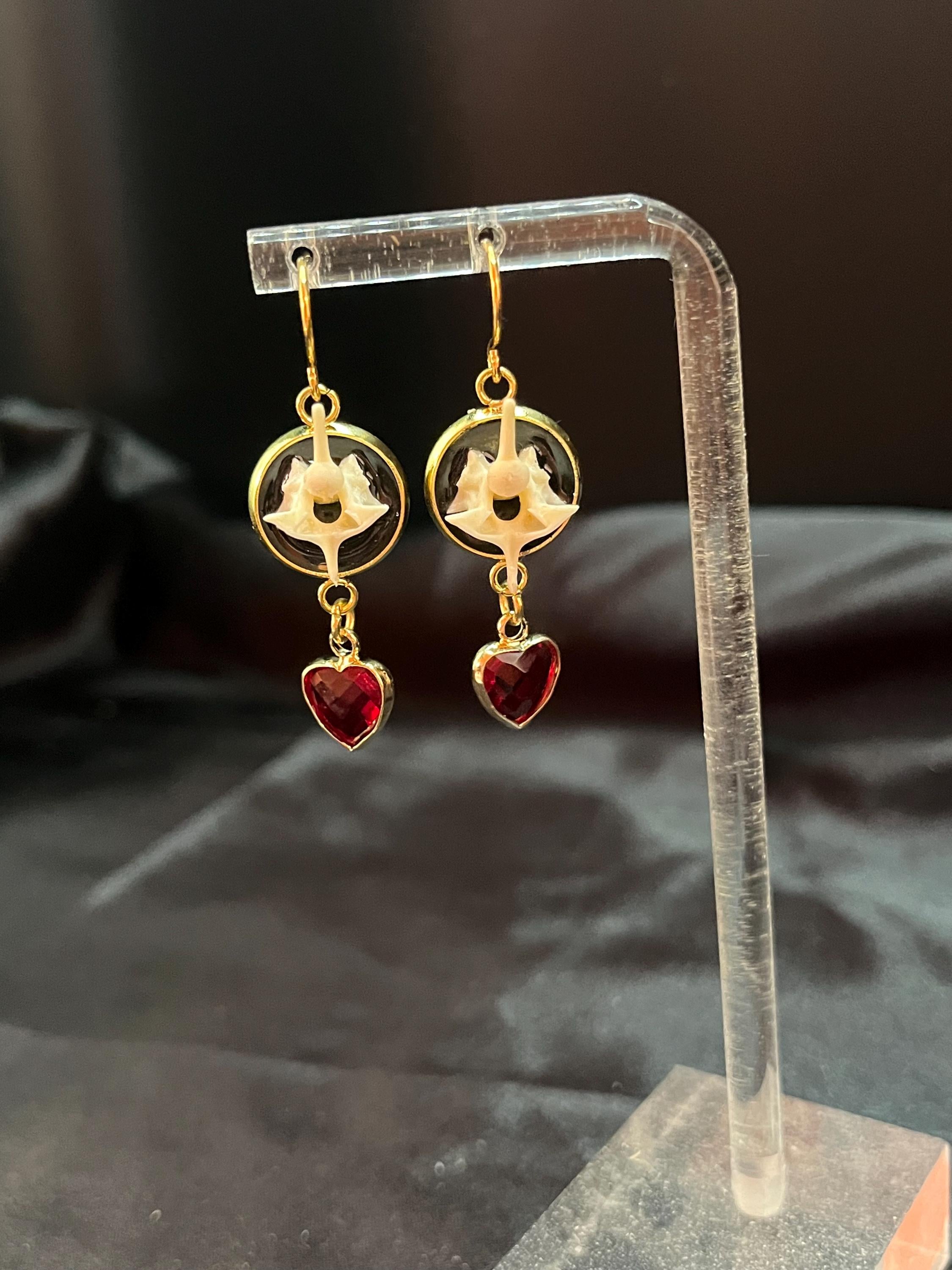 Enamel Snake Vertebrae Earrings | Gold Plated or Stainless Steel | Crystal Heart Drop | Hypoallergenic