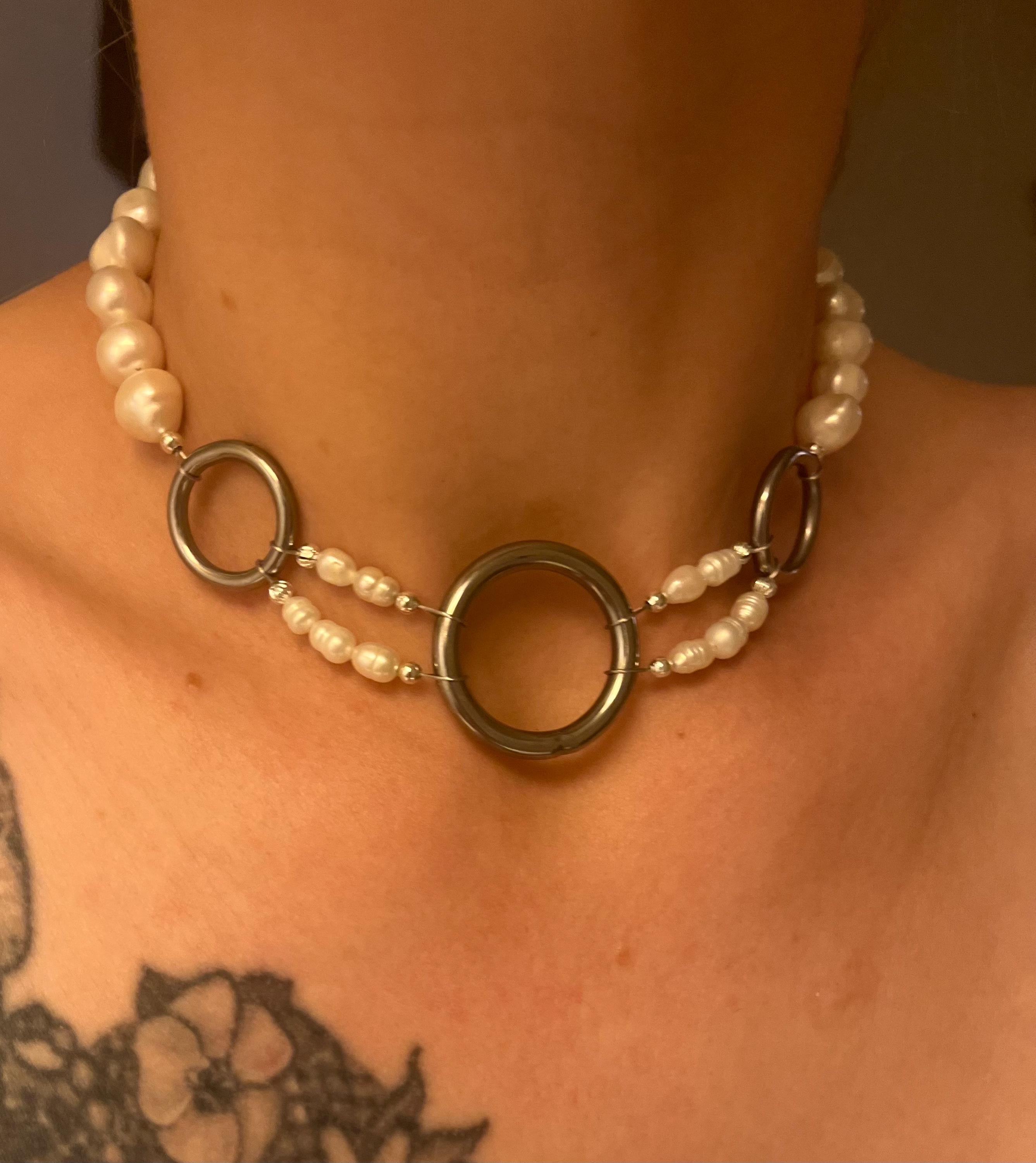 Freshwater Pearl Choker Necklace with Stainless Steel Hoops | Adjustable 14.5–16.5”