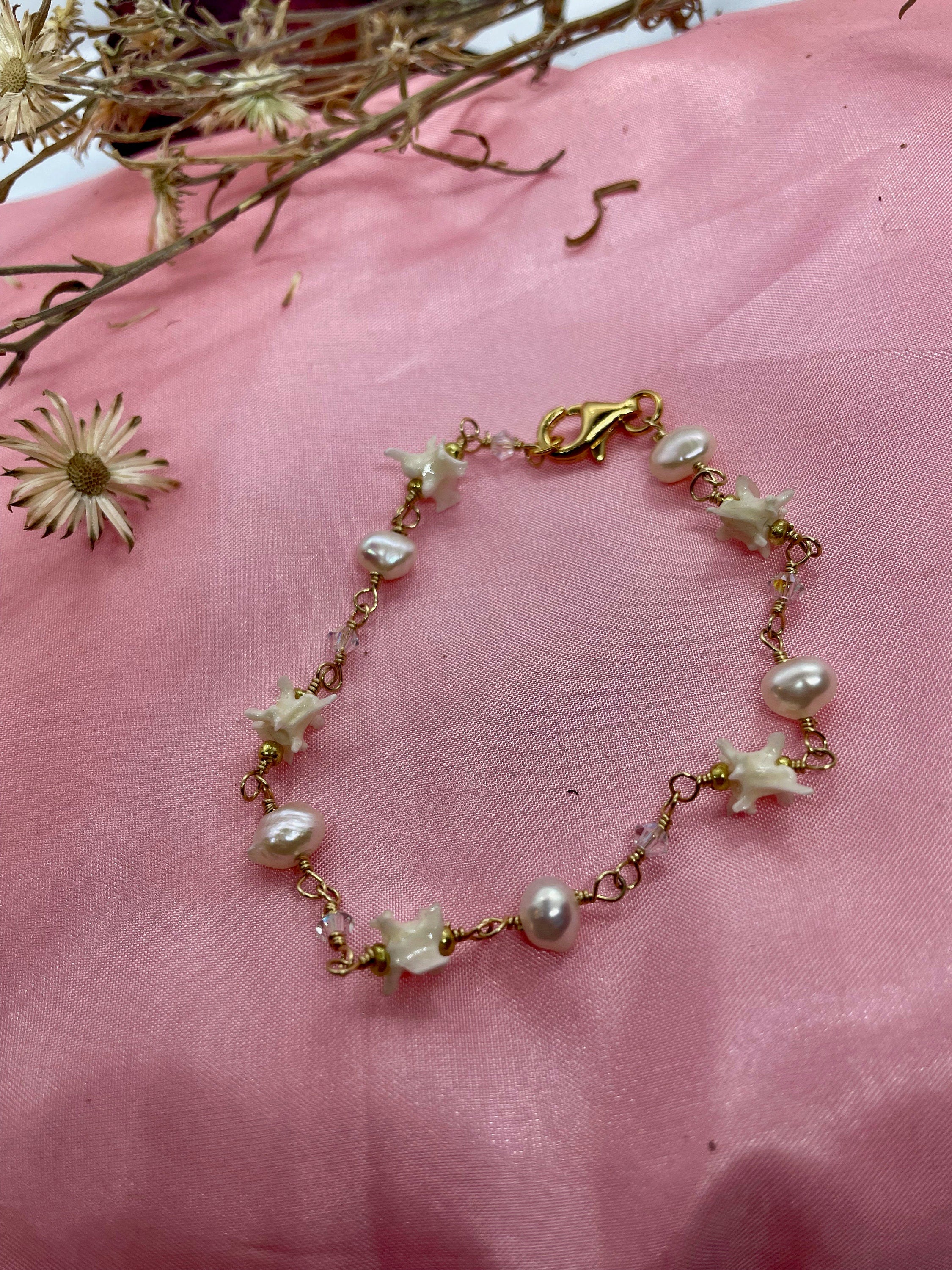 Wire Wrapped Rattlesnake Vertebrae and Pearl Bracelet