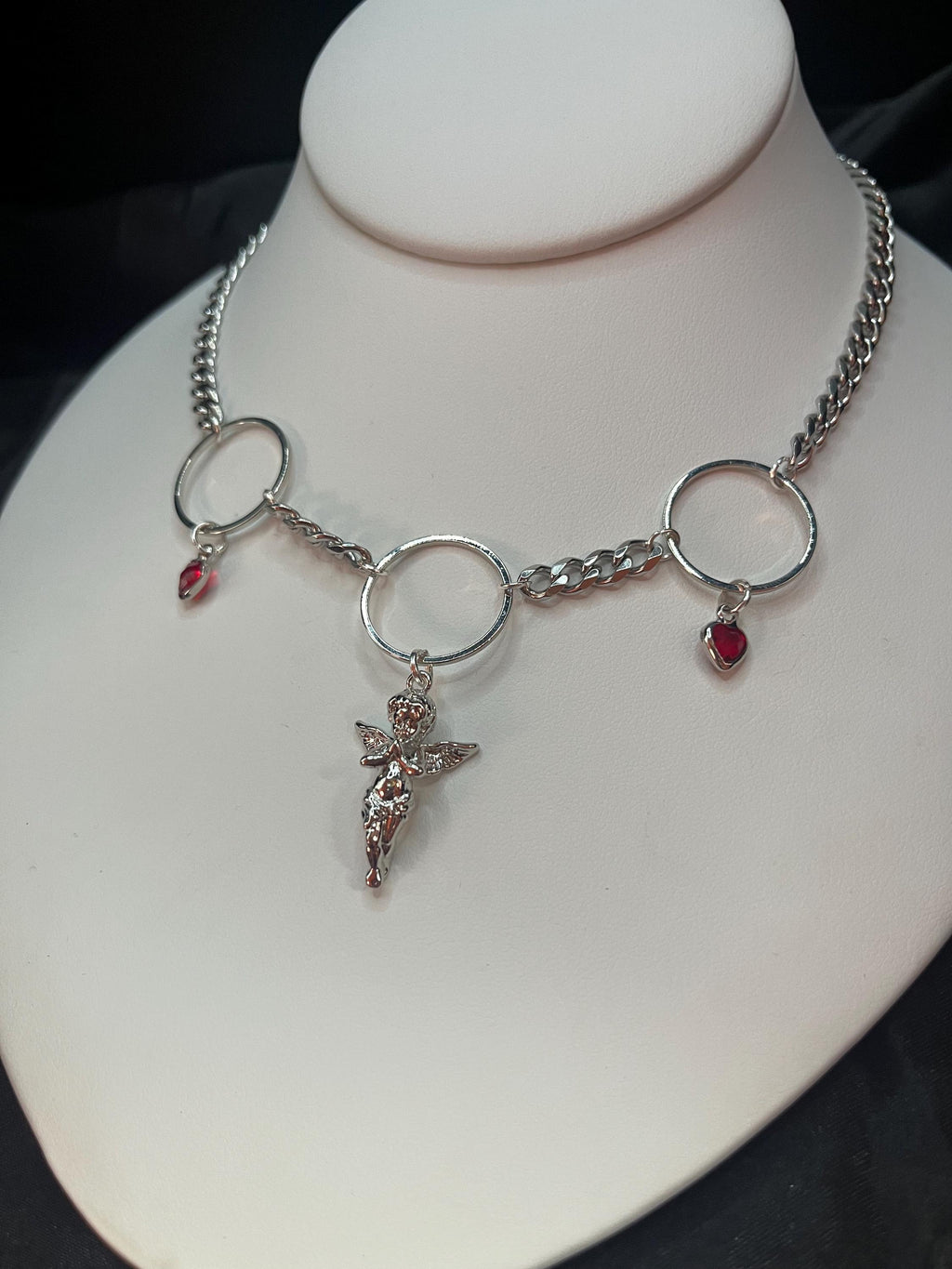 Angel Necklace | Stainless Steel or Gold Plate Curb Chain | Rhinestone Heart Charms | 15”