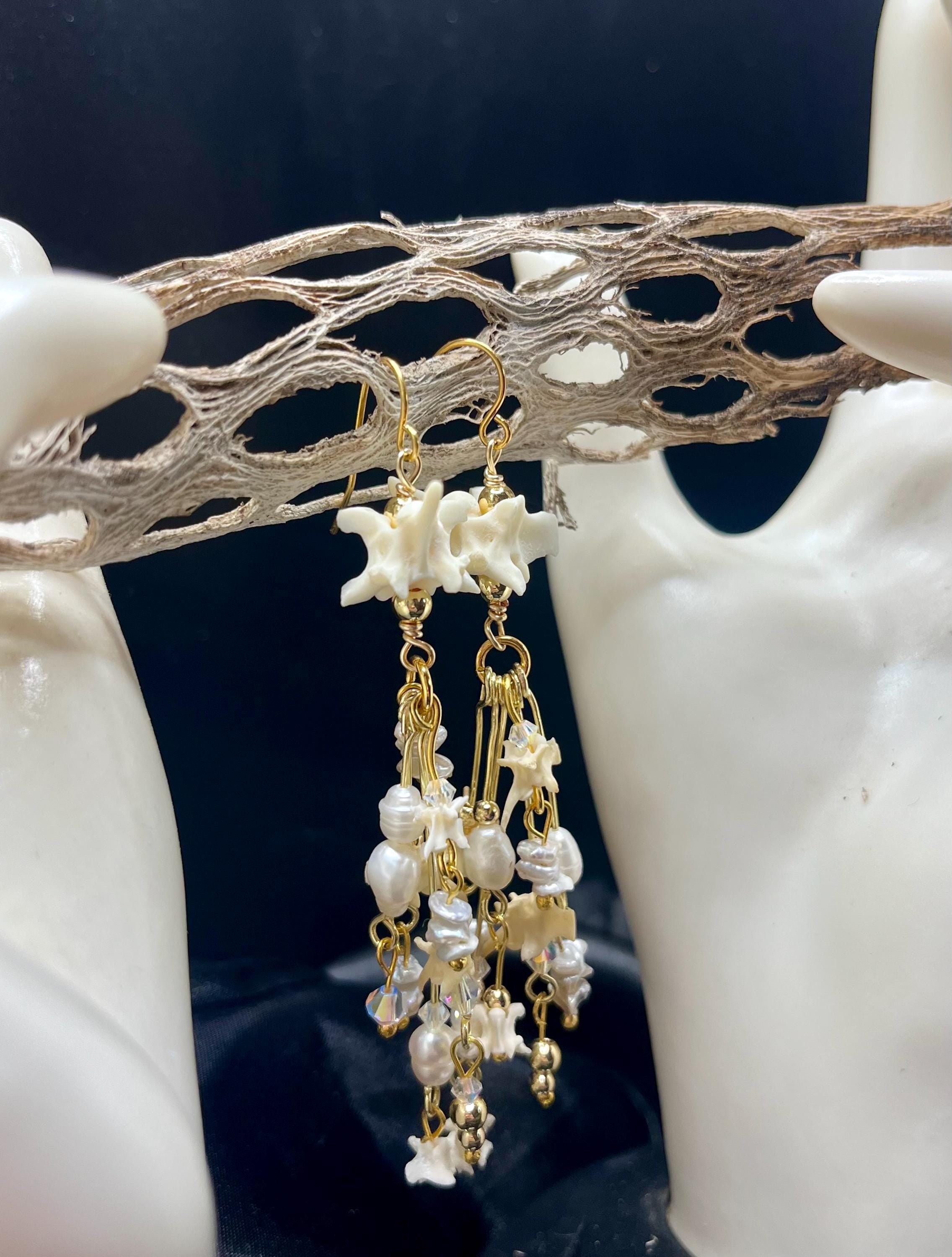 Snake Vertebrae & Pearl Dangle Earrings | Crystal Accent | 3”