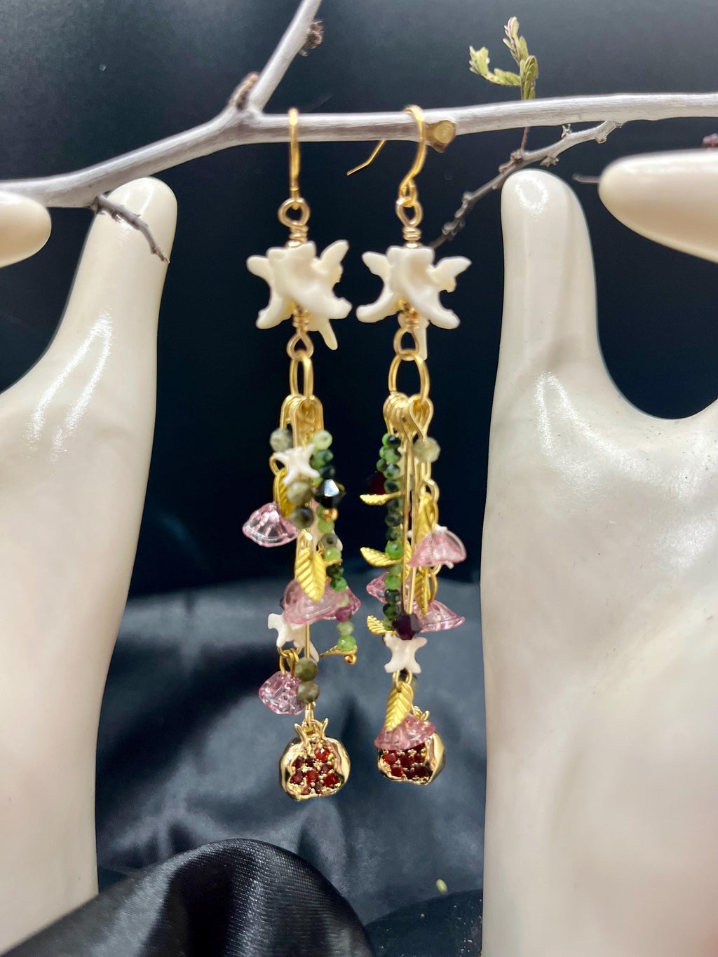 Garden of Eden Dangle Earrings – Rattlesnake Vertebrae, Tourmaline, Garnet & Pomegranate Charms – 18k Gold-Plated