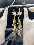 Garden of Eden Dangle Earrings – Rattlesnake Vertebrae, Tourmaline, Garnet & Pomegranate Charms – 18k Gold-Plated