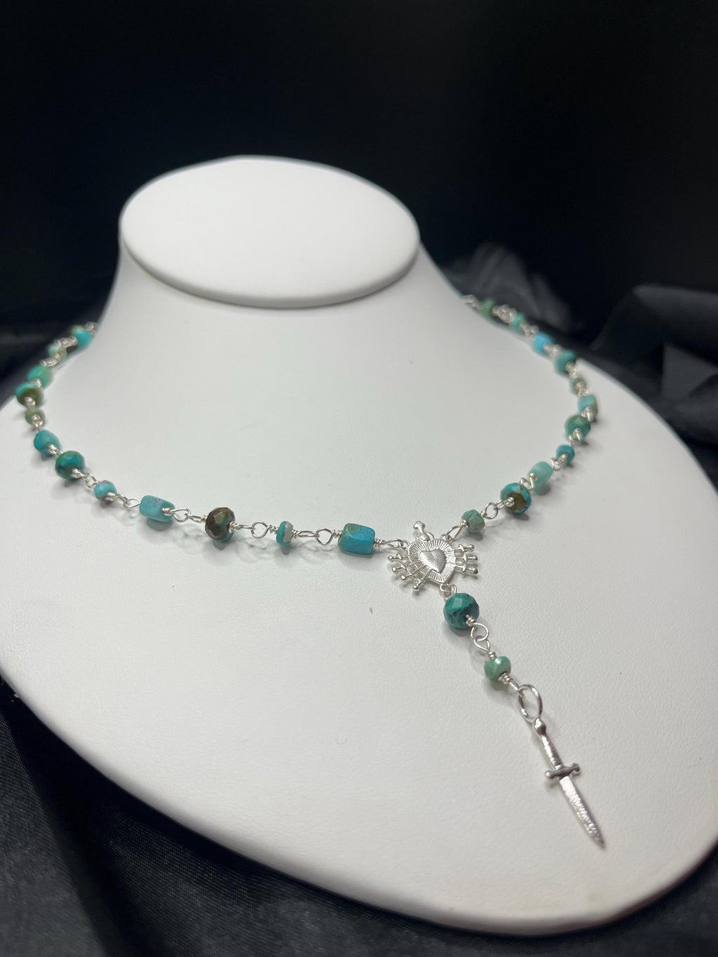 Kingman Turquoise Rosary Necklace – Sterling Silver Sacred Heart & Dagger Lariat – 18–19.5”