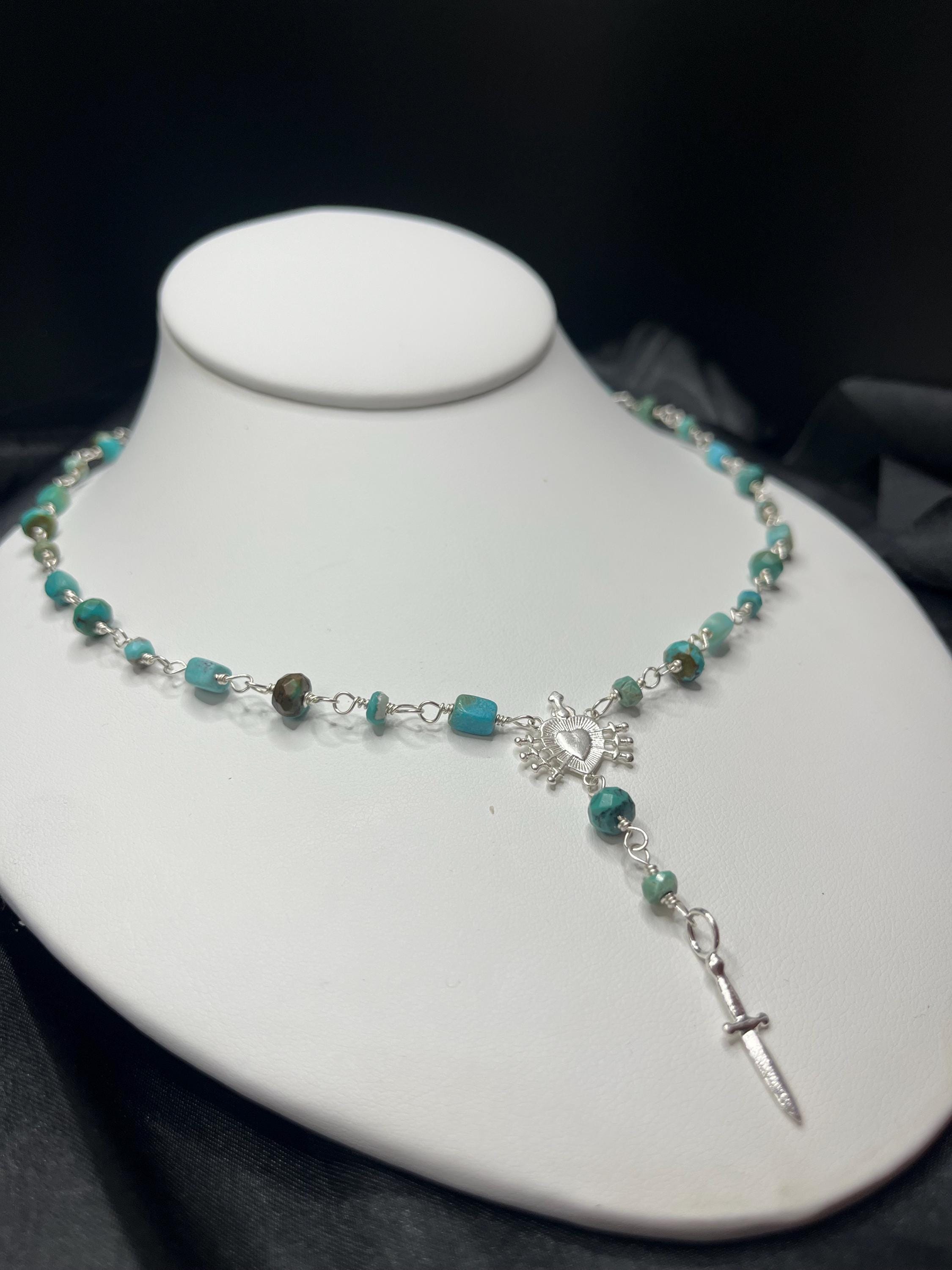 Kingman Turquoise Rosary Necklace – Sterling Silver Sacred Heart & Dagger Lariat – 18–19.5”