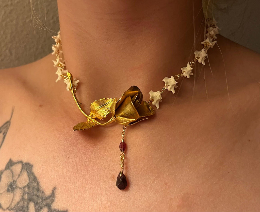 Antique Gold Plated Brooch Necklace with Rattlesnake Vertebrae and Garnet, 14.5–16.5”
