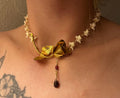 Antique Gold Plated Brooch Necklace with Rattlesnake Vertebrae and Garnet, 14.5–16.5”