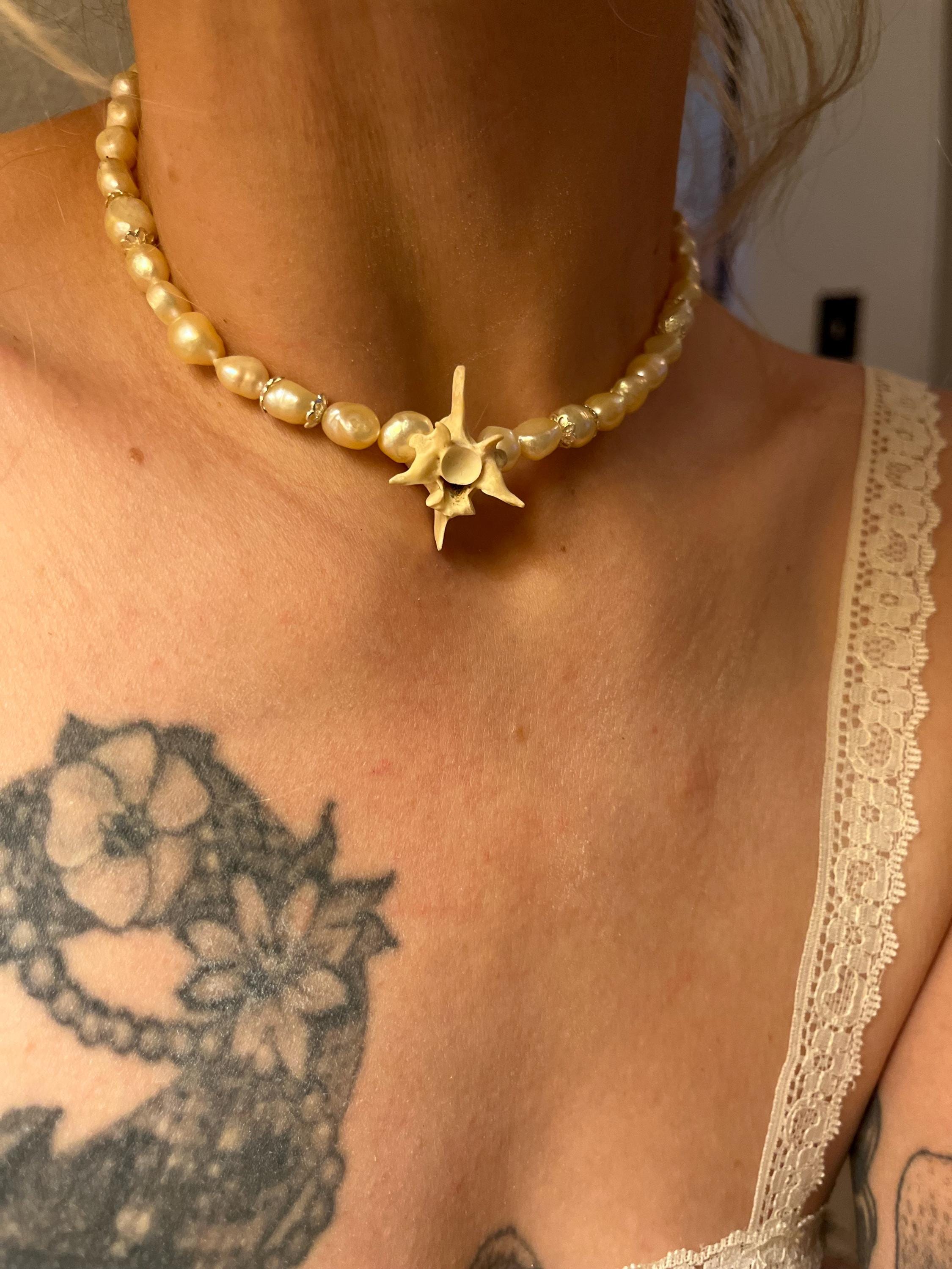 Blush Pink Freshwater Pearl Necklace with Rattlesnake Vertebrae and Gold Accents, 14.5–16.5”