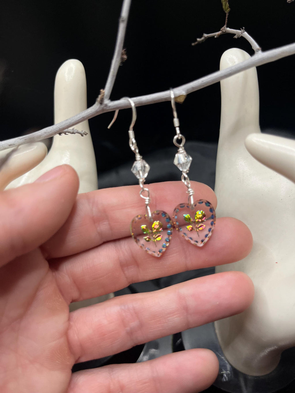 Crystal Floral Reverse Etched Glass Sterling Silver Earrings