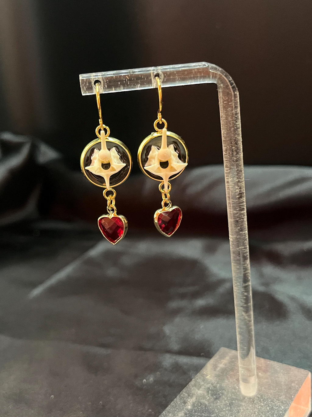 Enamel Snake Vertebrae Earrings | Gold Plated or Stainless Steel | Crystal Heart Drop | Hypoallergenic