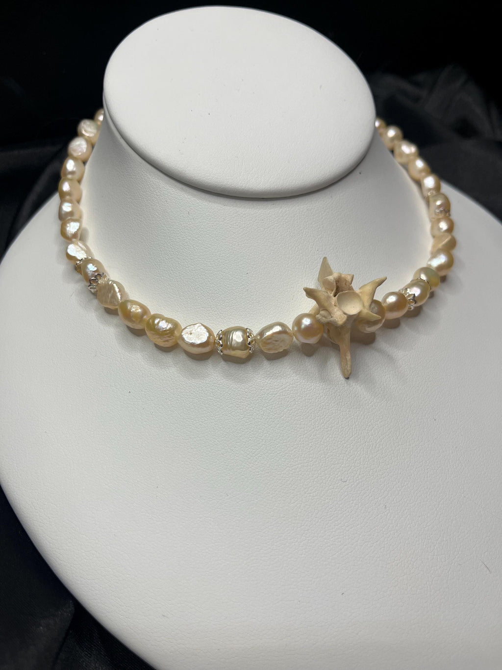 Blush Pink Freshwater Pearl Necklace with Rattlesnake Vertebrae and Gold Accents, 14.5–16.5”