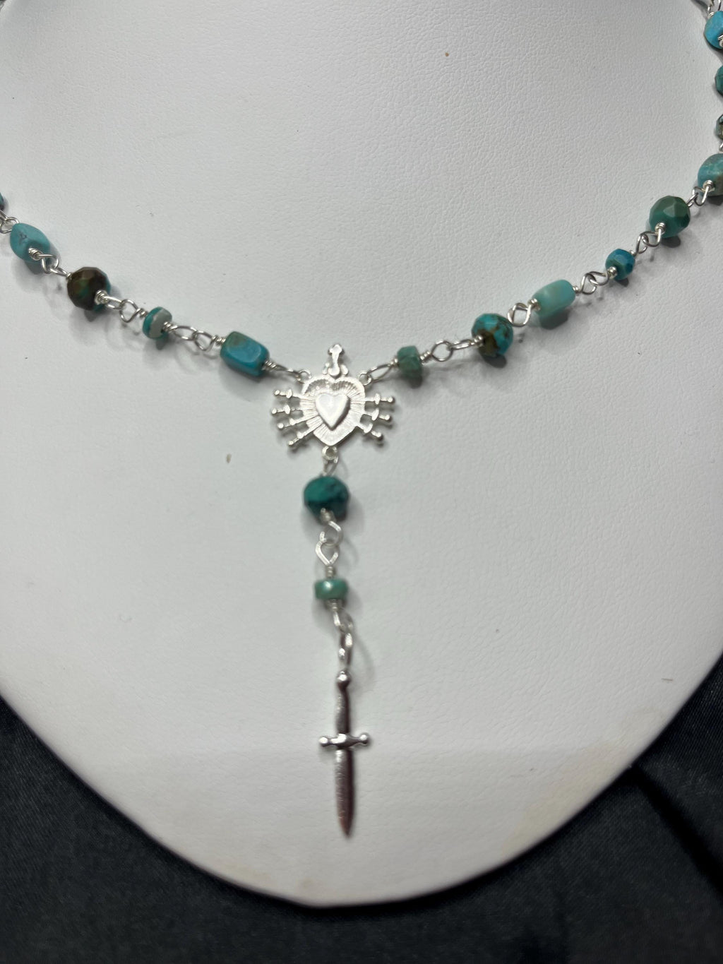 Kingman Turquoise Rosary Necklace – Sterling Silver Sacred Heart & Dagger Lariat – 18–19.5”