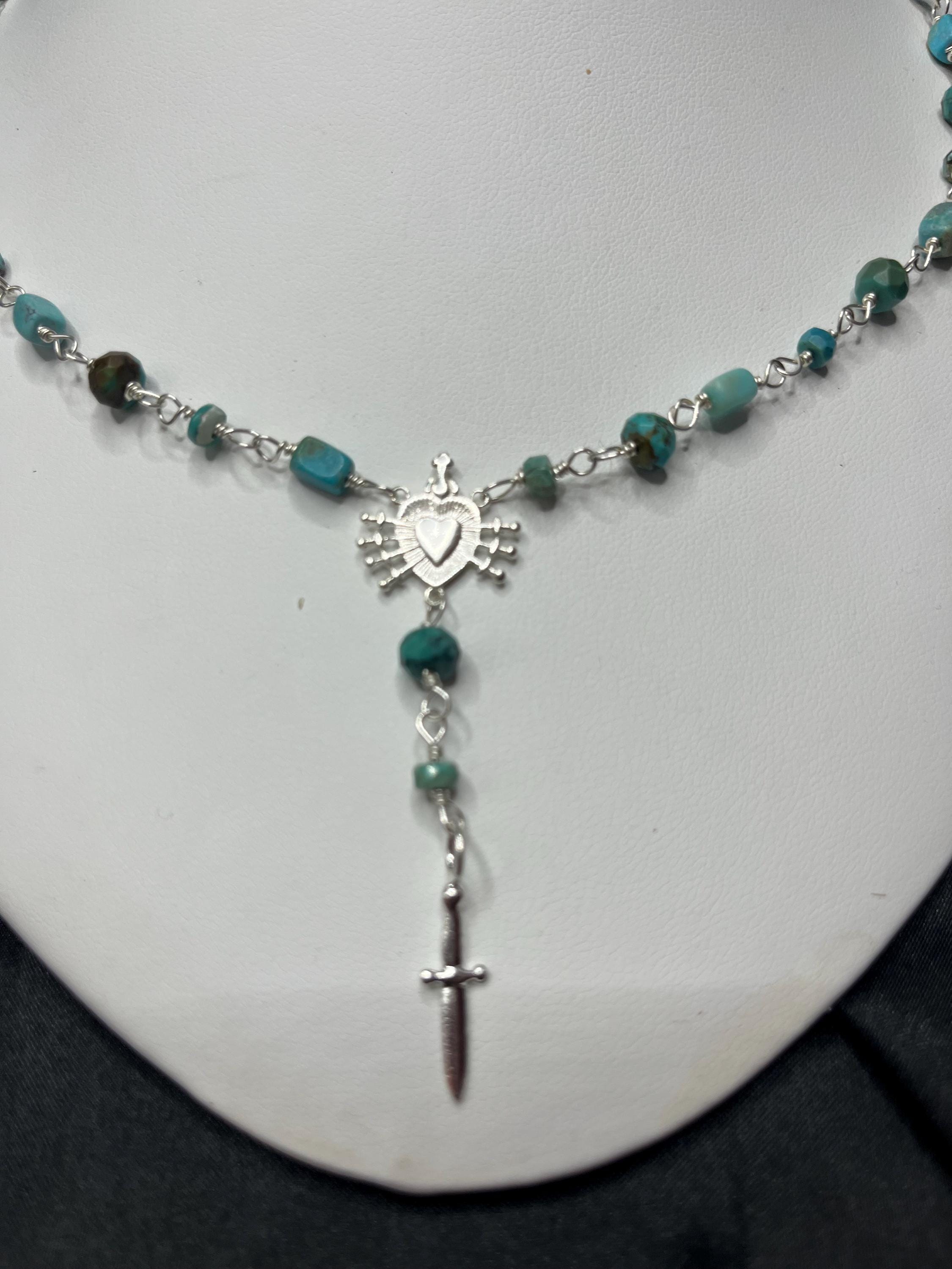 Kingman Turquoise Rosary Necklace – Sterling Silver Sacred Heart & Dagger Lariat – 18–19.5”