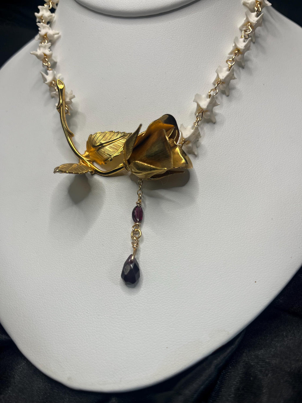 Antique Gold Plated Brooch Necklace with Rattlesnake Vertebrae and Garnet, 14.5–16.5”