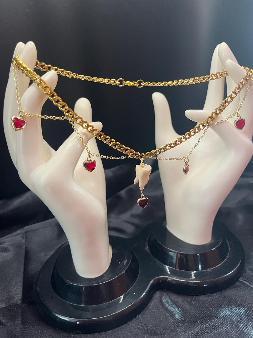 Human Tooth Necklace | Gold Plated Chain | Red Crystal Heart Charms | 16”