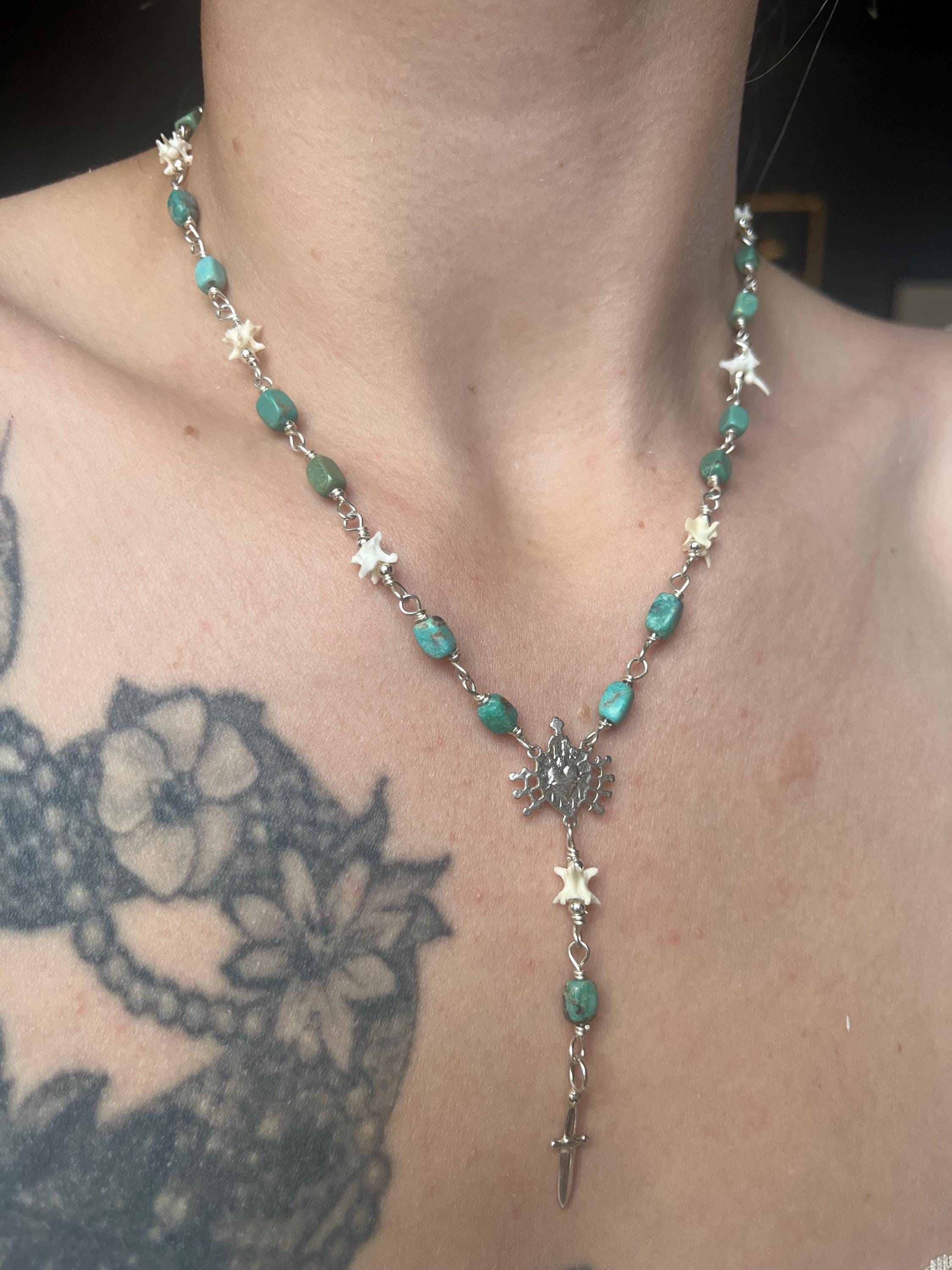 Kingman Turquoise and Rattlesnake Vertebrae Rosary Necklace – Sterling Silver Sacred Heart & Dagger Lariat – 17-18.5”