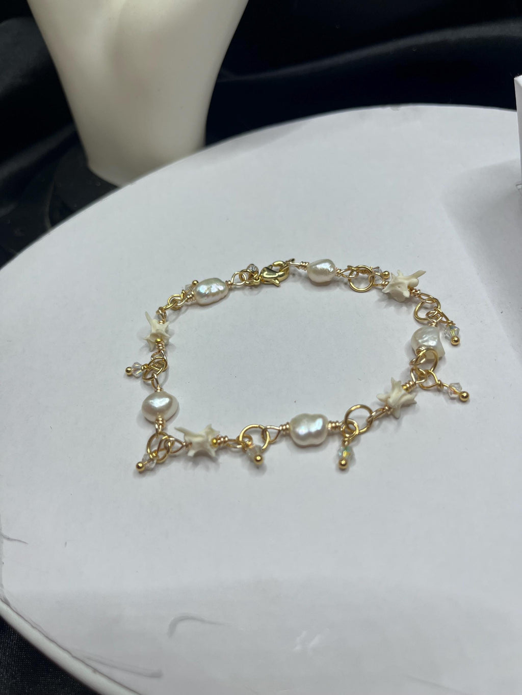 Freshwater Pearl, Rattlesnake Vertebrae & Crystal Drop Bracelet – 18k Gold-Plated