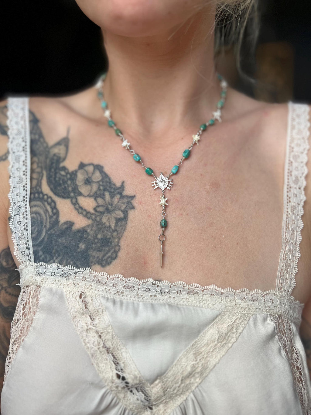 Kingman Turquoise and Rattlesnake Vertebrae Rosary Necklace – Sterling Silver Sacred Heart & Dagger Lariat – 17-18.5”