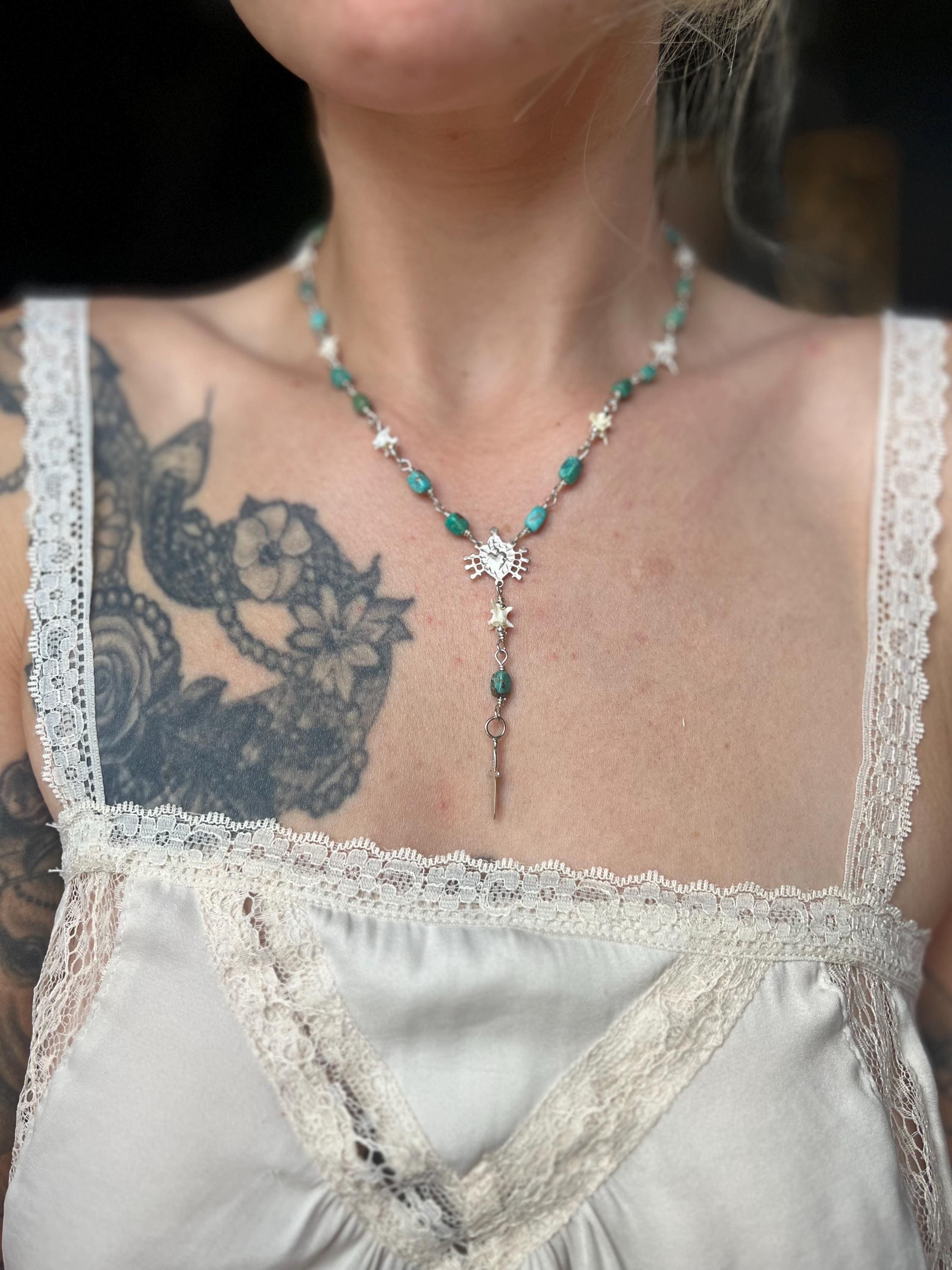 Kingman Turquoise and Rattlesnake Vertebrae Rosary Necklace – Sterling Silver Sacred Heart & Dagger Lariat – 17-18.5”