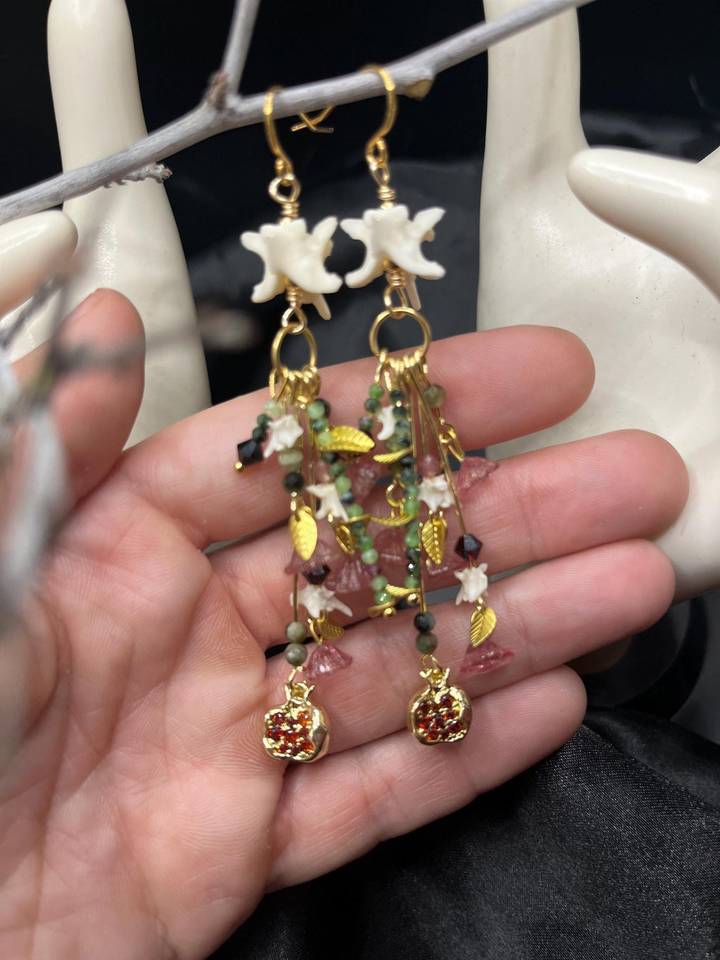 Garden of Eden Dangle Earrings – Rattlesnake Vertebrae, Tourmaline, Garnet & Pomegranate Charms – 18k Gold-Plated