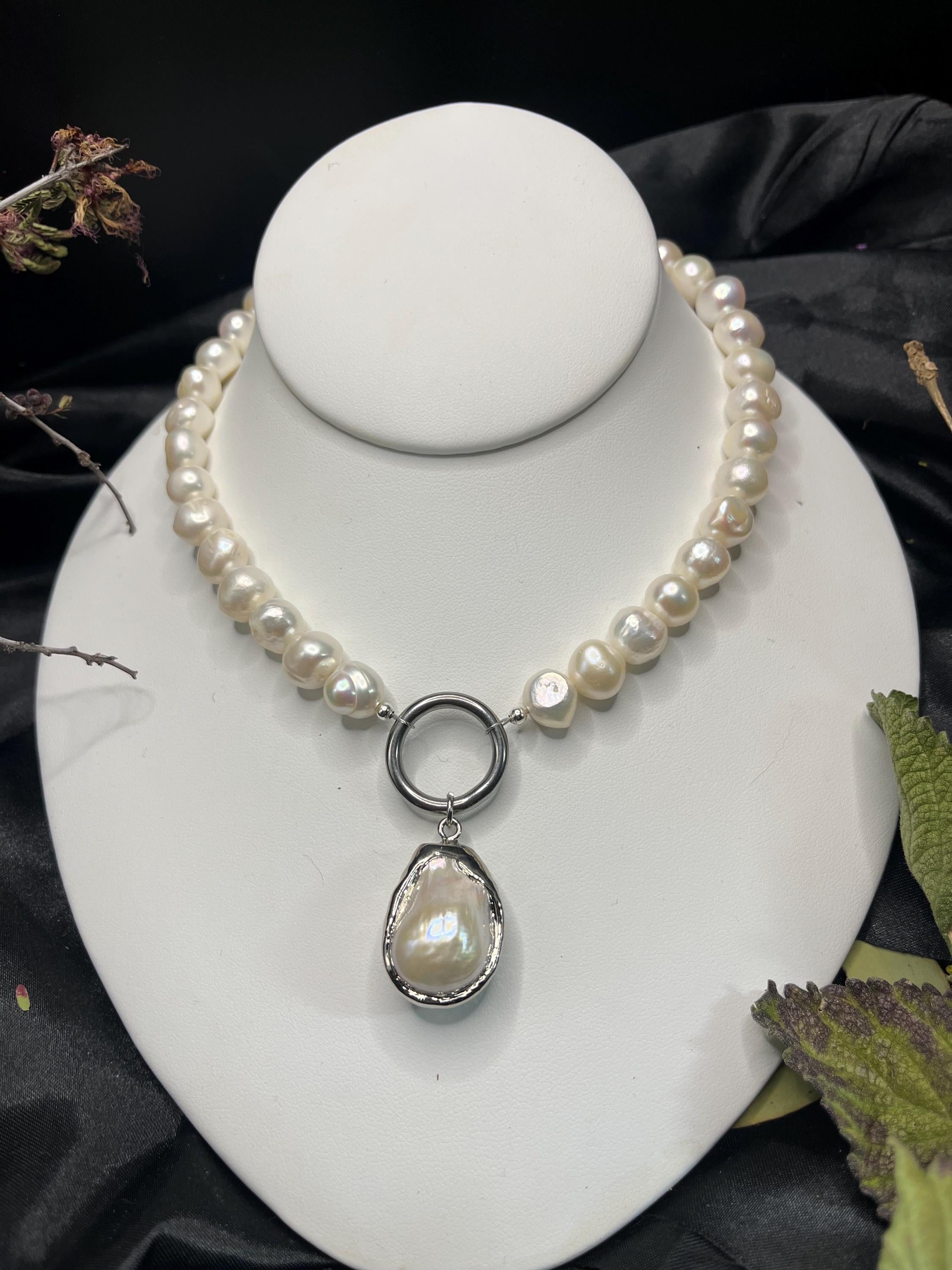 Freshwater Pearl Necklace with Stainless Steel Hoop and Baroque Pearl Drop