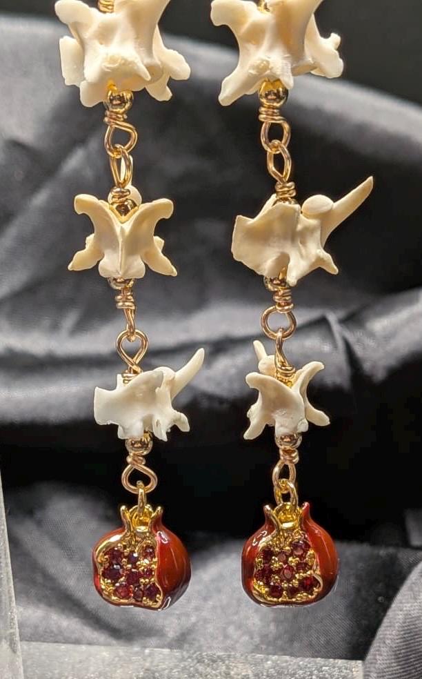Garden of Eden Rattlesnake Vertebrae & Pomegranate Earrings, 3”