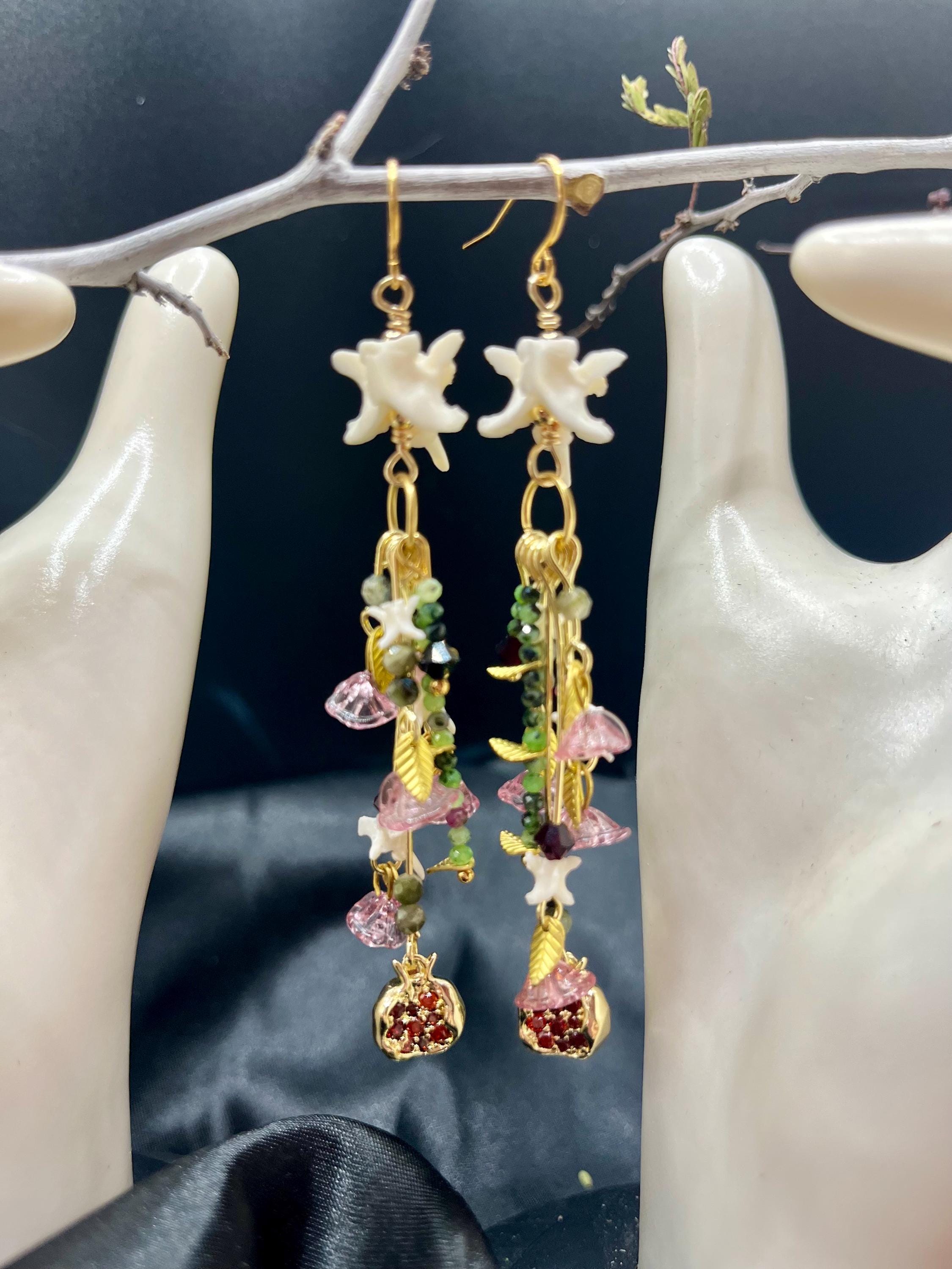 Garden of Eden Dangle Earrings – Rattlesnake Vertebrae, Tourmaline, Garnet & Pomegranate Charms – 18k Gold-Plated