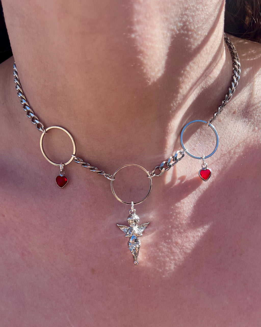 Angel Necklace | Stainless Steel or Gold Plate Curb Chain | Rhinestone Heart Charms | 15”