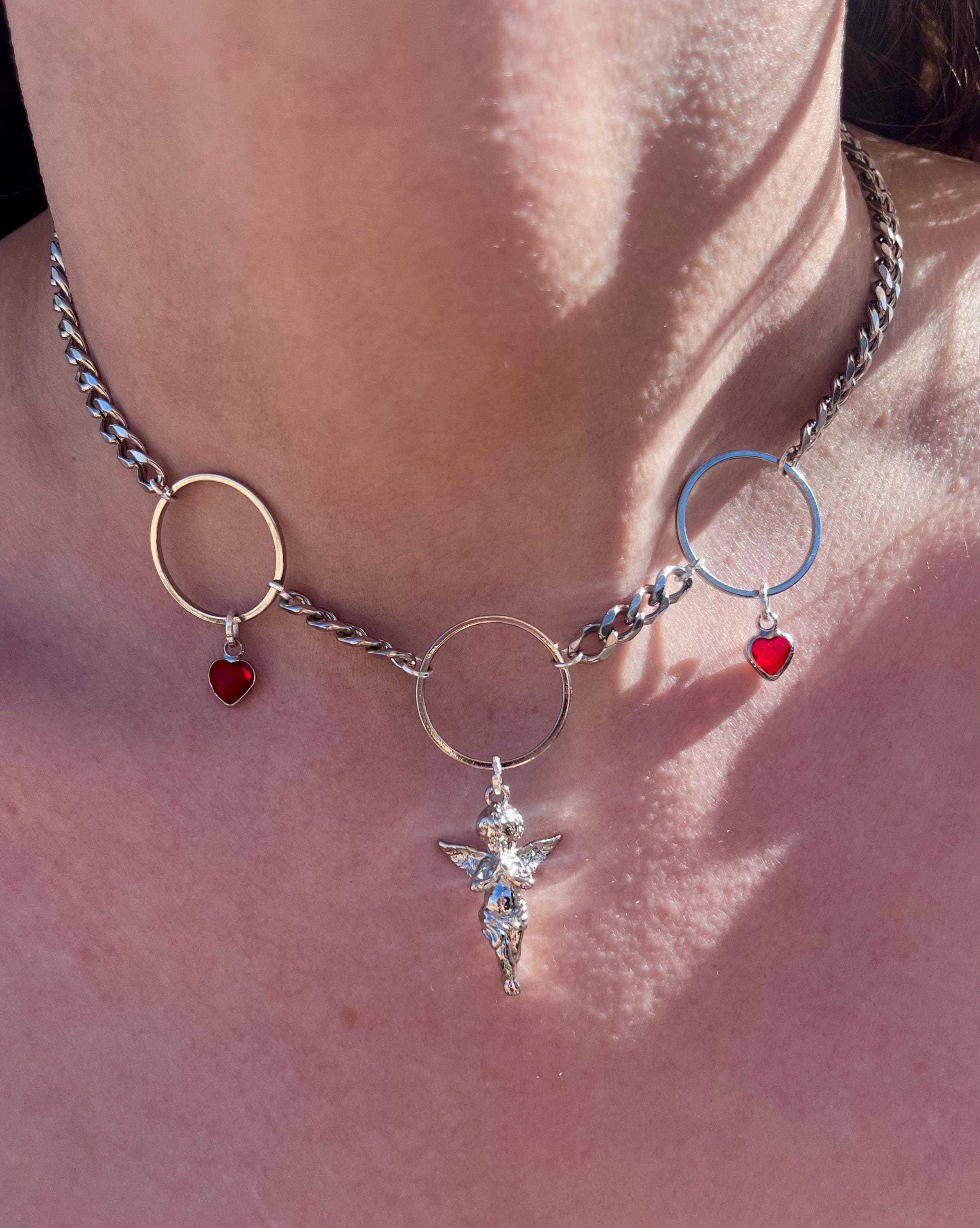 Angel Necklace | Stainless Steel or Gold Plate Curb Chain | Rhinestone Heart Charms | 15”