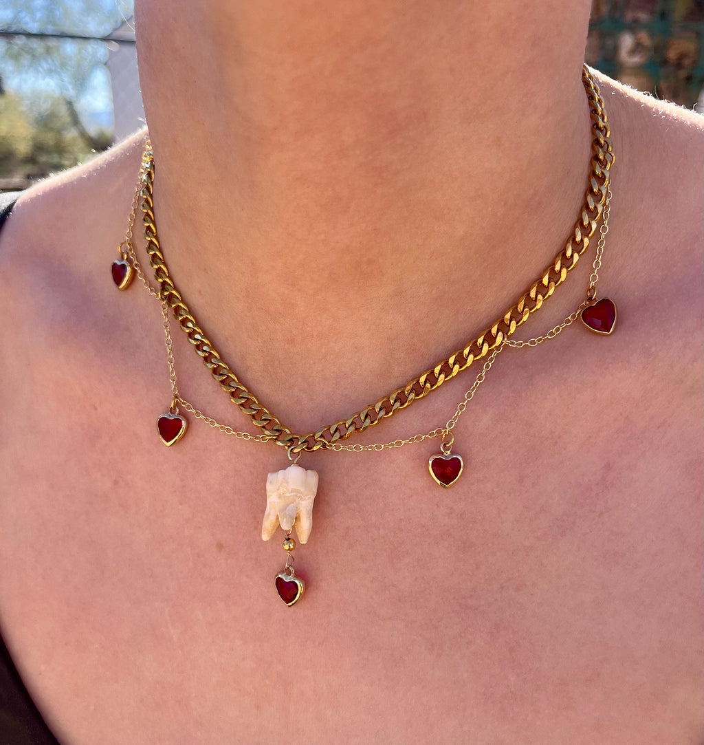 Human Tooth Necklace | Gold Plated Chain | Red Crystal Heart Charms | 16”