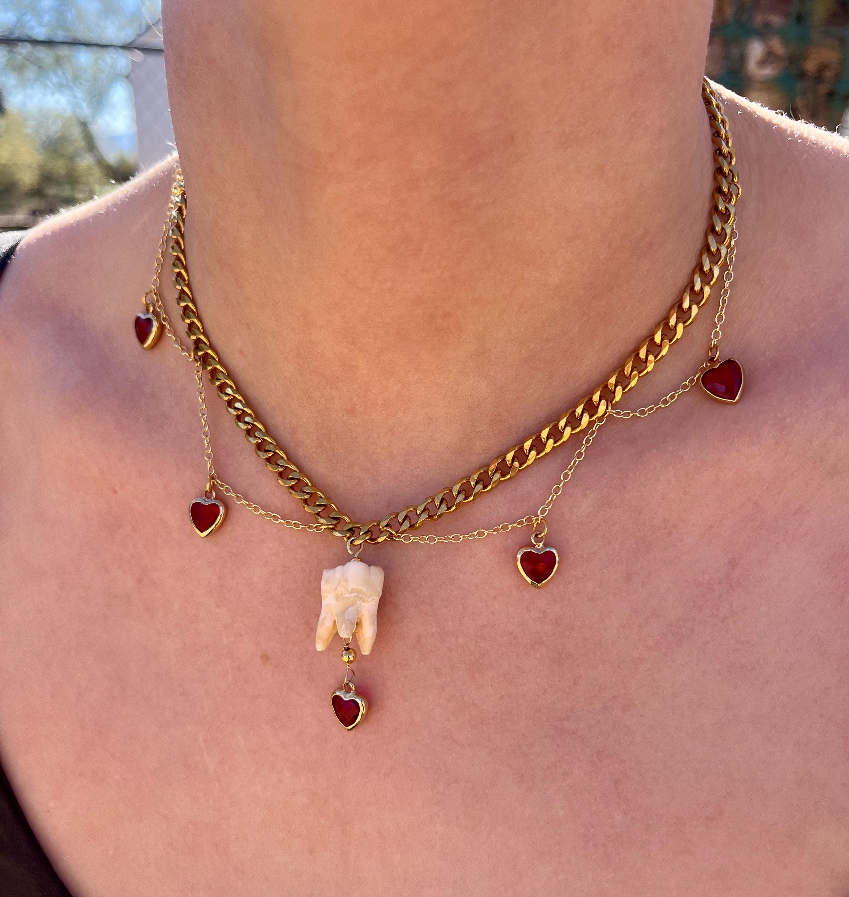 Human Tooth Necklace | Gold Plated Chain | Red Crystal Heart Charms | 16”