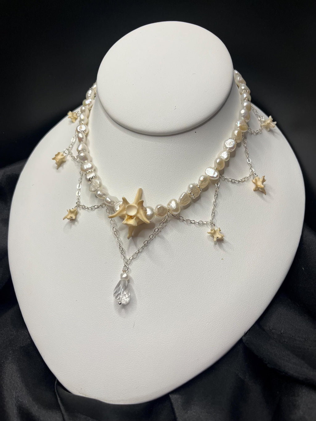 Freshwater Pearl & Rattlesnake Vertebrae Necklace – Sterling Silver Chain, Adjustable 13.75–15”
