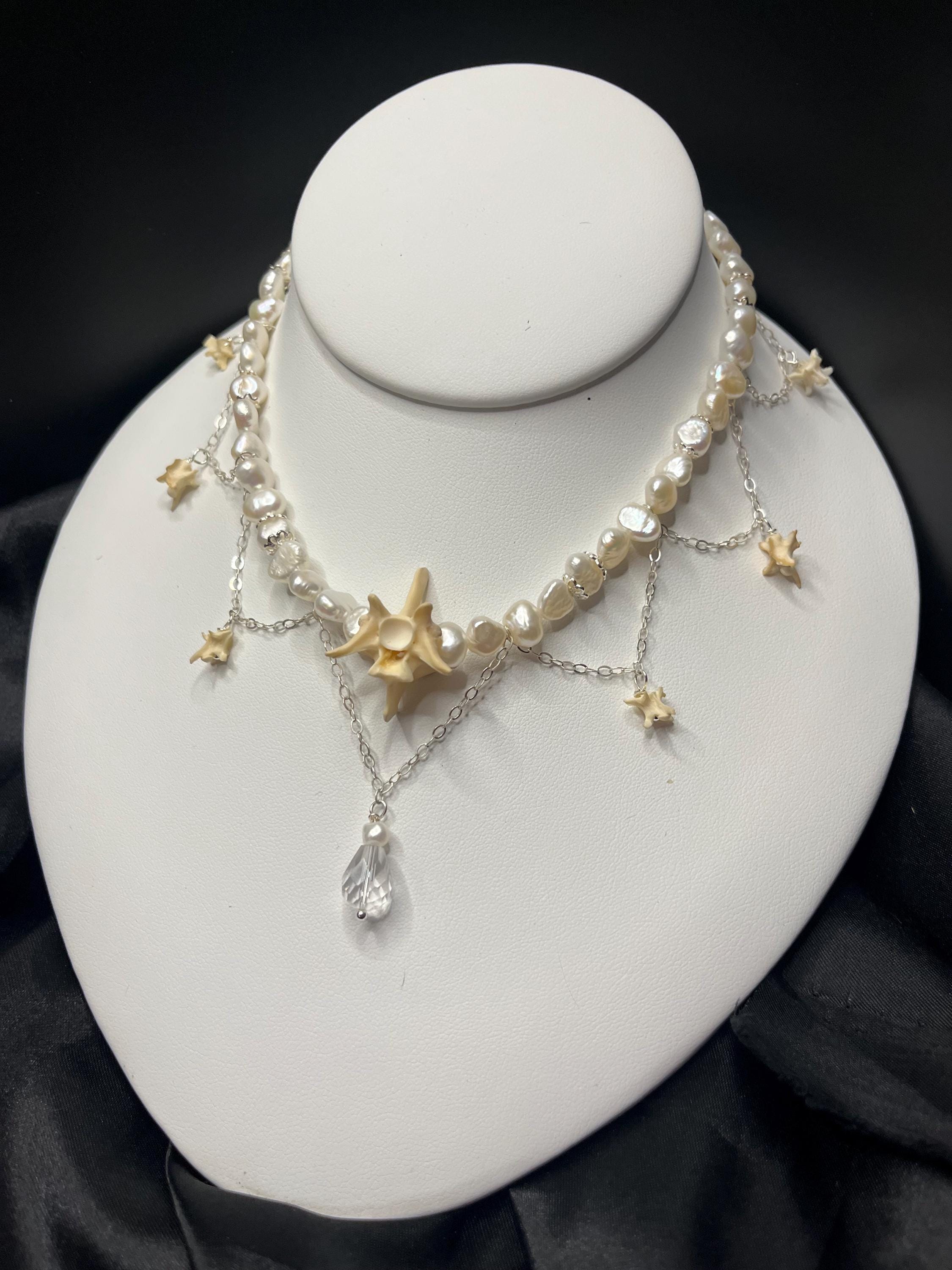 Freshwater Pearl & Rattlesnake Vertebrae Necklace – Sterling Silver Chain, Adjustable 13.75–15”