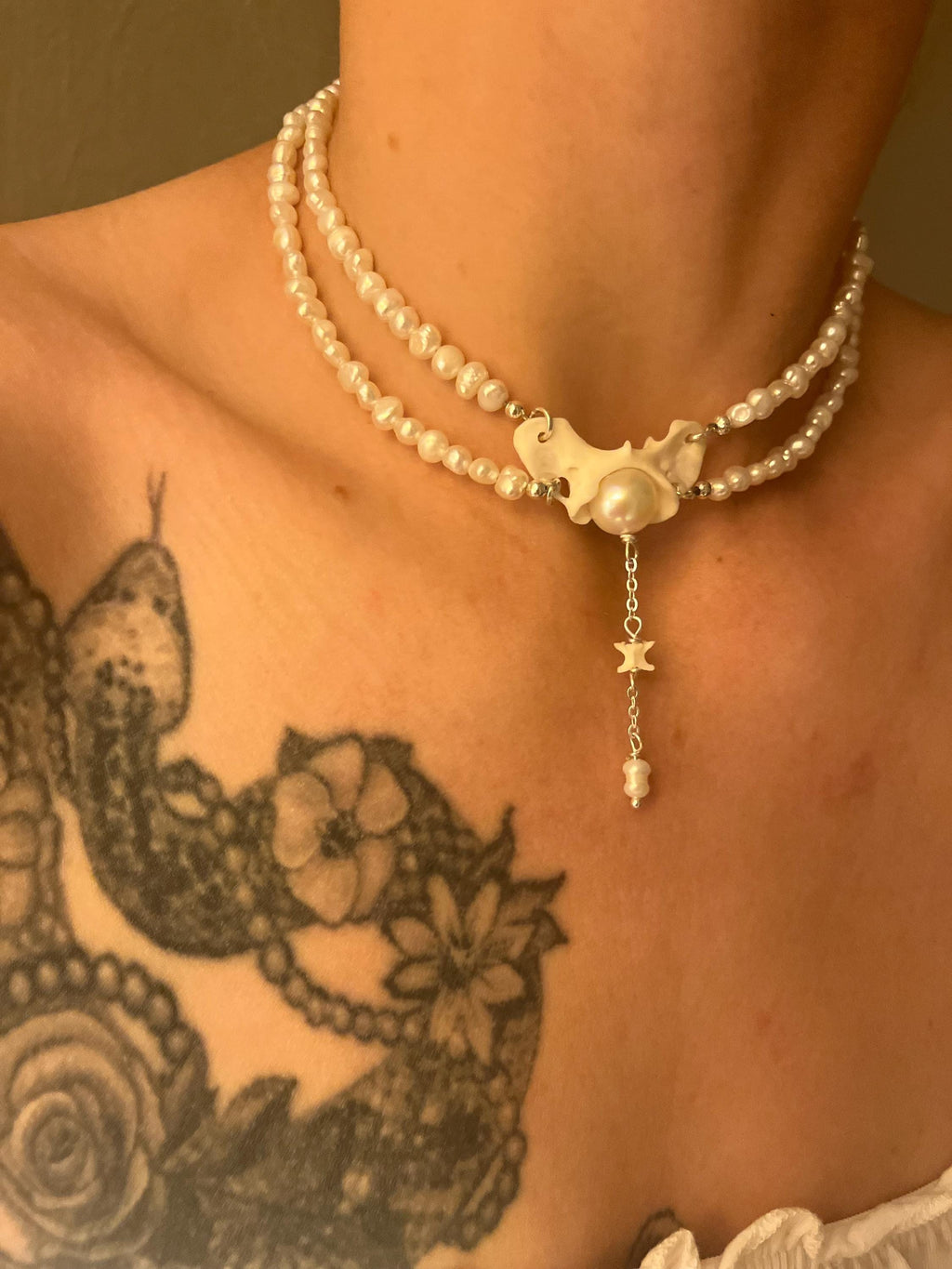 Fox Atlas Bone & Pearl Double Strand Choker – Sterling Silver – Rattlesnake Vertebrae Accent