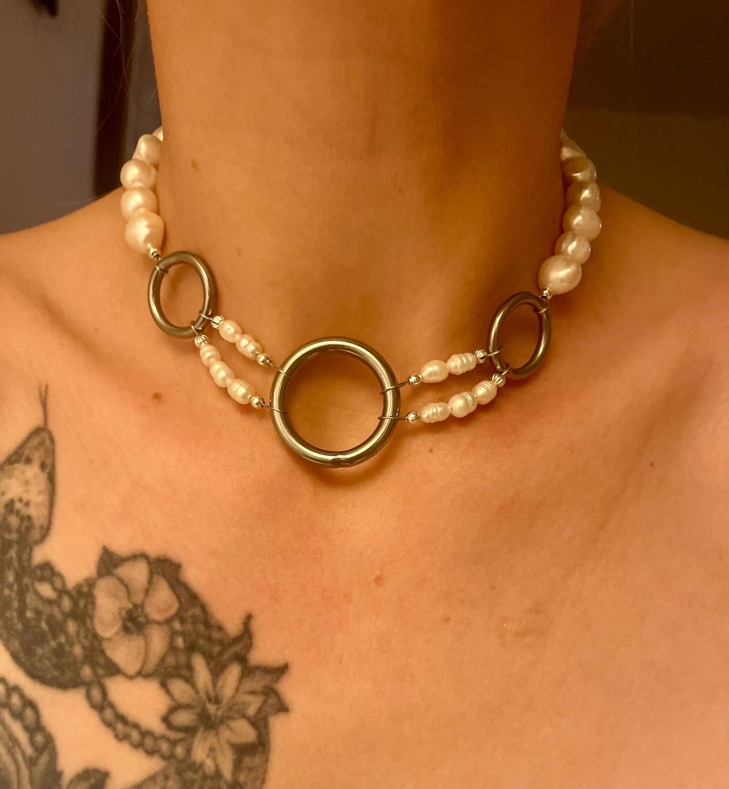 Freshwater Pearl Choker Necklace with Stainless Steel Hoops | Adjustable 14.5–16.5”