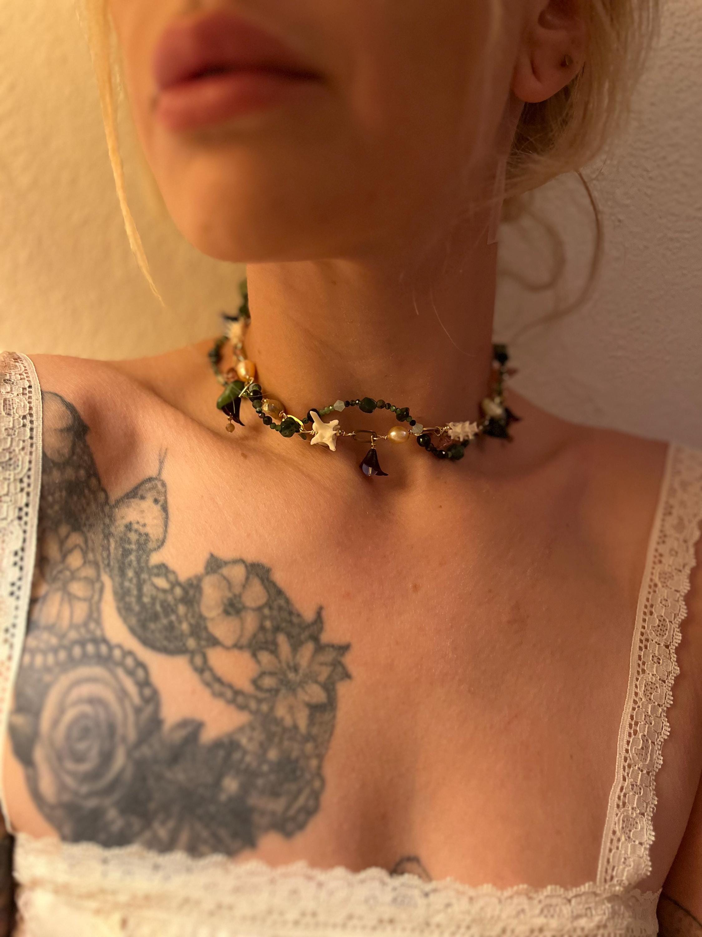 Garden of Eden Necklace – Jade, Tourmaline, Freshwater Pearl, Rattlesnake Bone, Opalite, Glass & Acrylic Flowers – 14–16”