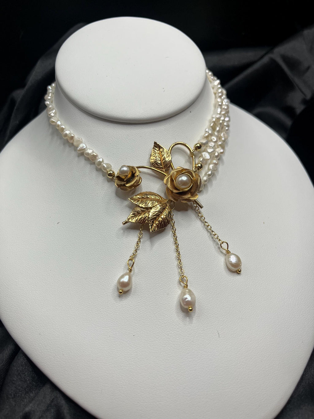 Antique Gold Filled Brooch Necklace with Freshwater Pearl Multi-Strand Choker, 13–15”