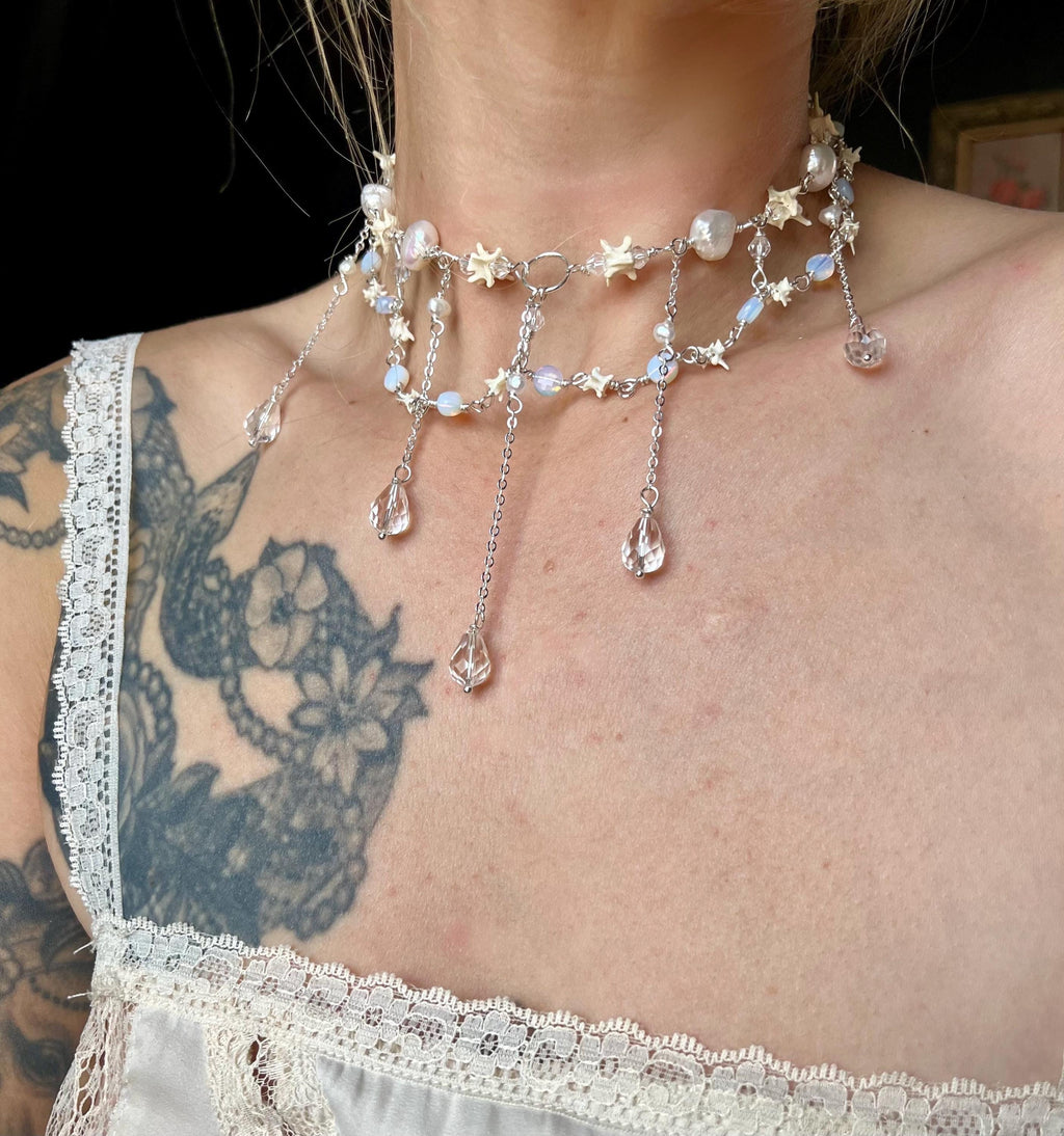 Opalite & Crystal Necklace – Freshwater Pearl, Rattlesnake Bone, Sterling Silver Draped Choker – 13–15”