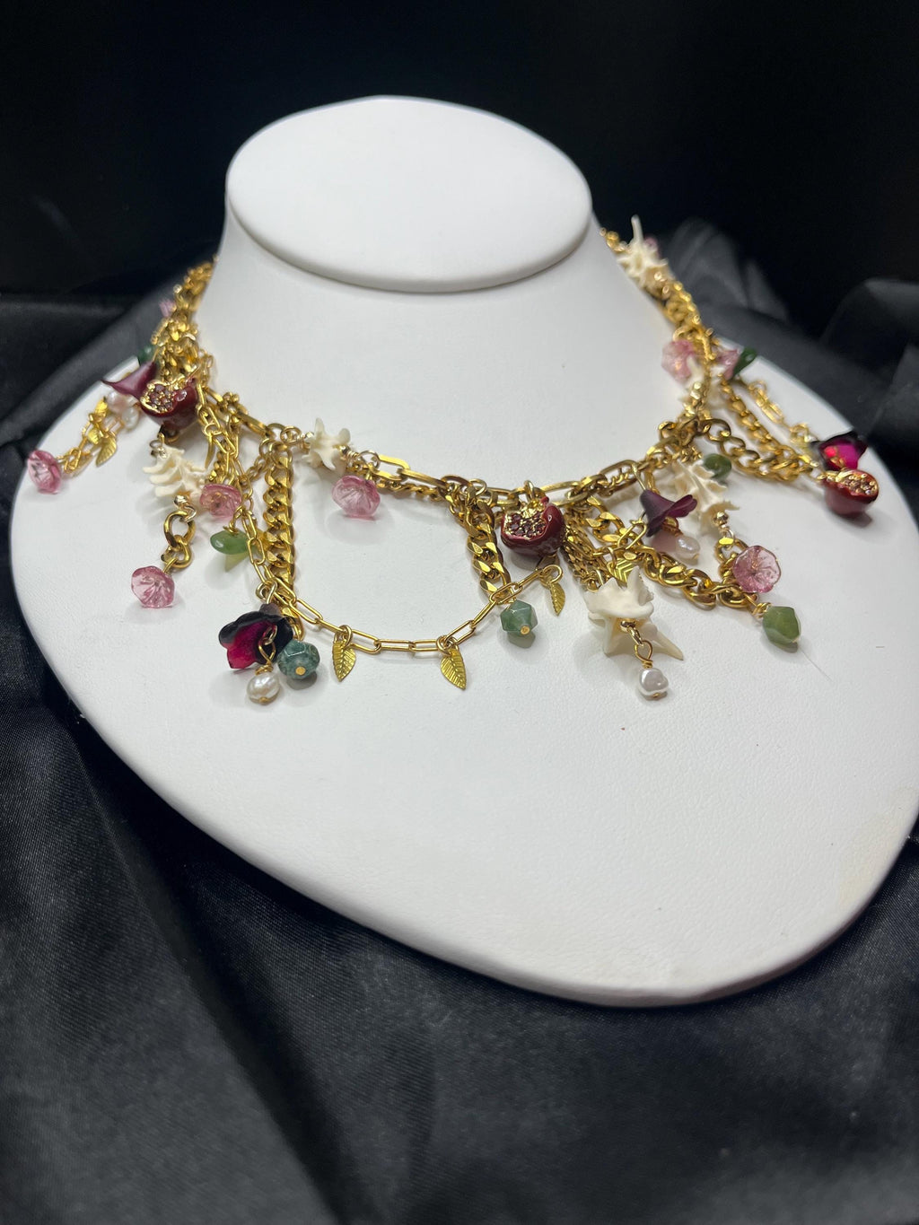 Garden of Eden Necklace – Jade, Tourmaline, Pearl, Rattlesnake Bone, Opalite, Pomegranate Charms – Draped Gold Chain – 15–17”