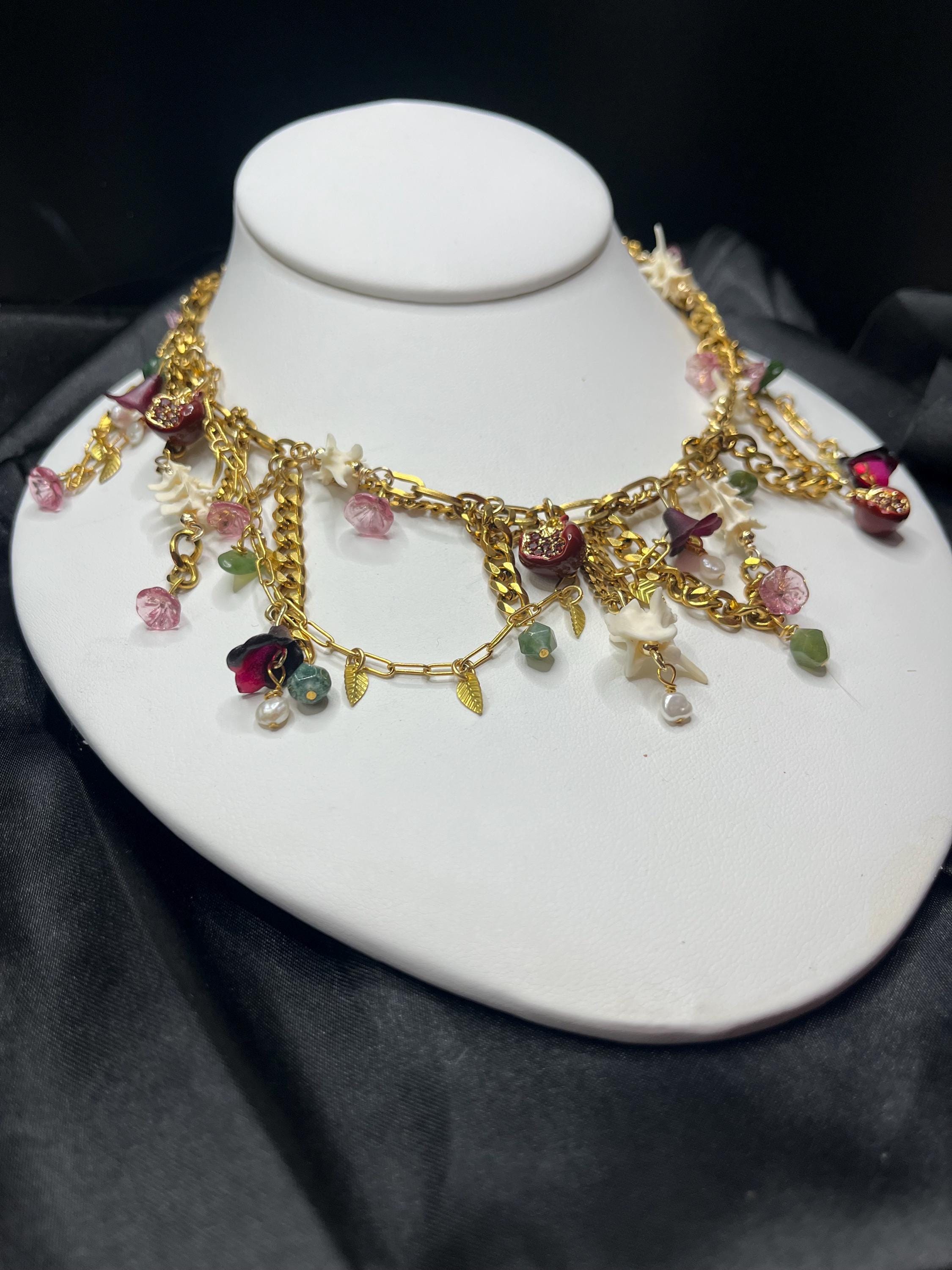 Garden of Eden Necklace – Jade, Tourmaline, Pearl, Rattlesnake Bone, Opalite, Pomegranate Charms – Draped Gold Chain – 15–17”
