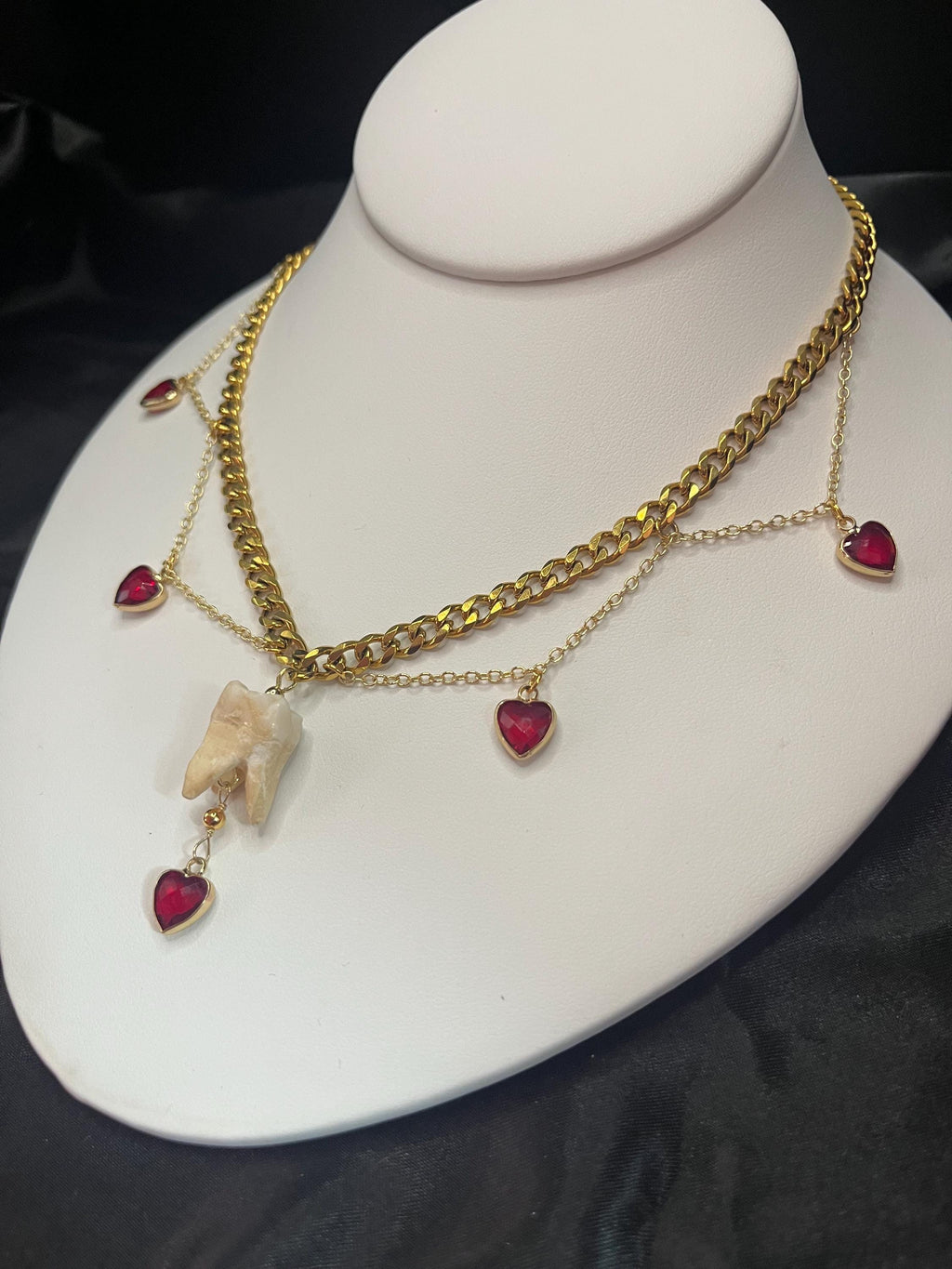Human Tooth Necklace | Gold Plated Chain | Red Crystal Heart Charms | 16”