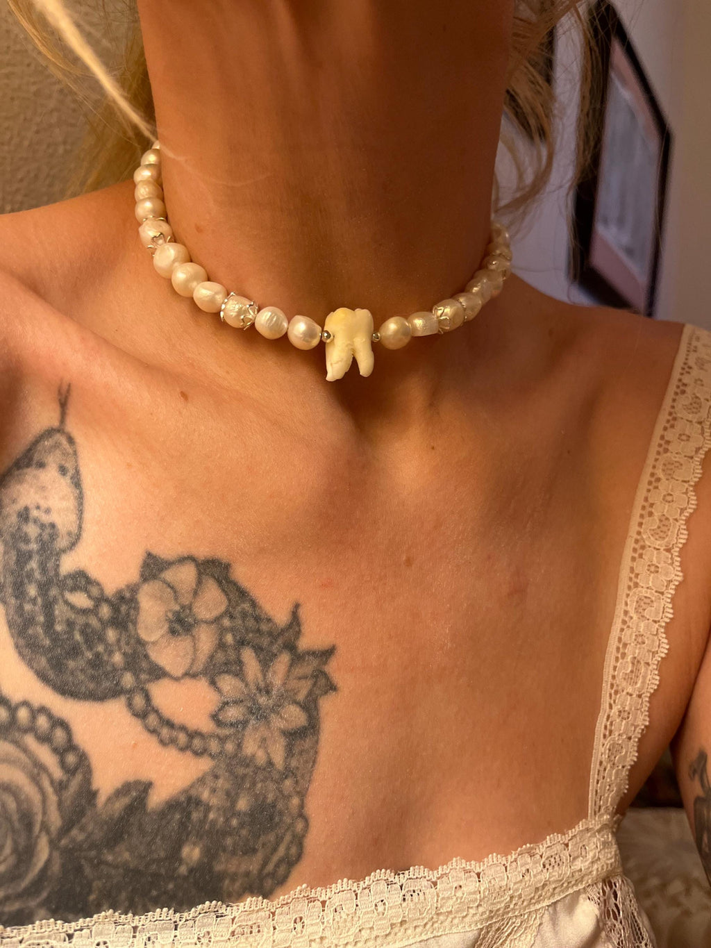 White Freshwater Pearl Necklace with Human Tooth and Sterling Silver, 14–15.25”